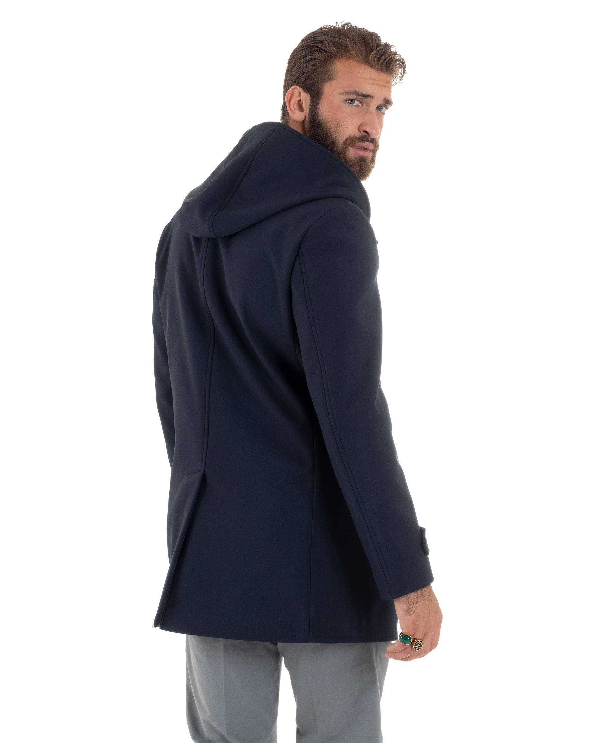 Giubbotto Uomo Con Cappuccio Trench Tessuto Tecnico Impermeabile Giaccone Bottoni Imbottito Lungo Antivento Blu G3235A