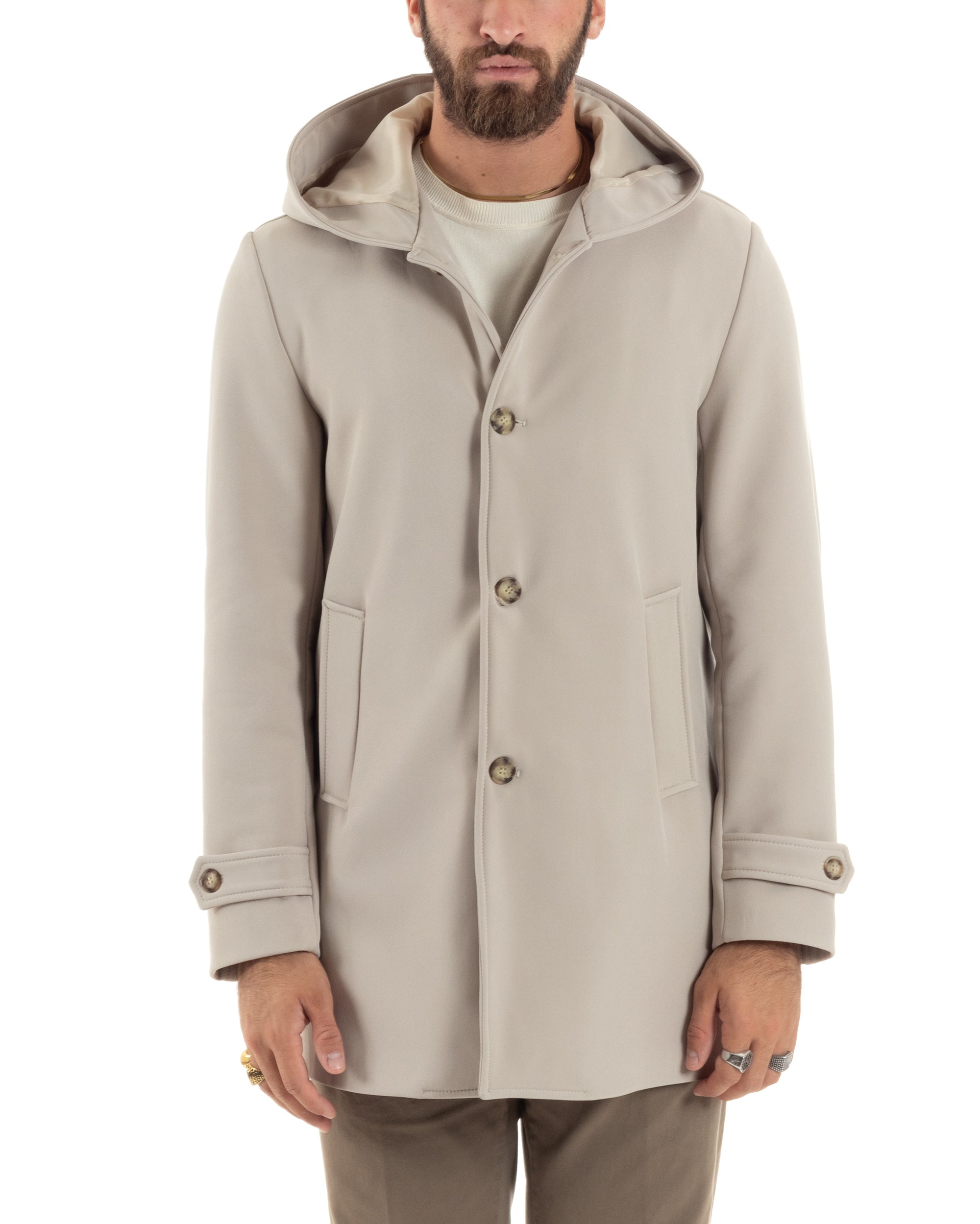 Giubbotto Uomo Con Cappuccio Trench Tessuto Tecnico Impermeabile Giaccone Bottoni Imbottito Lungo Antivento Beige G3236A