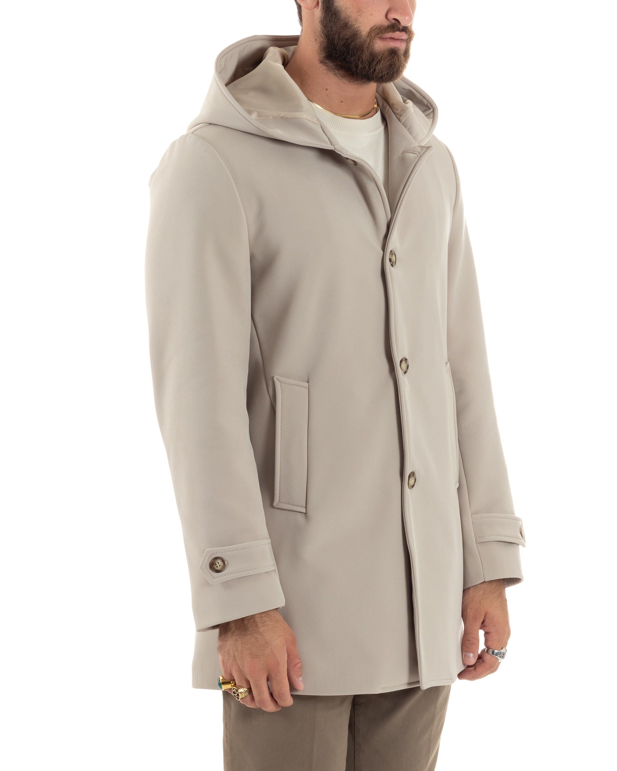 Giubbotto Uomo Con Cappuccio Trench Tessuto Tecnico Impermeabile Giaccone Bottoni Imbottito Lungo Antivento Beige G3236A