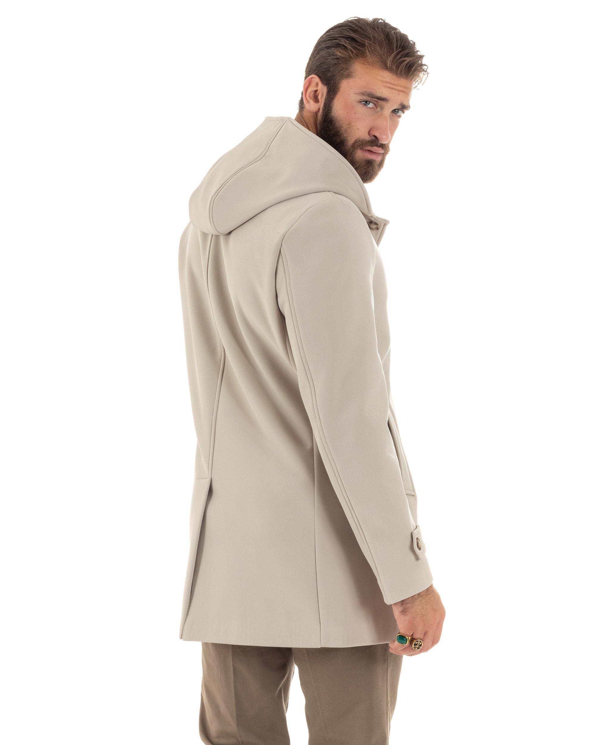 Giubbotto Uomo Con Cappuccio Trench Tessuto Tecnico Impermeabile Giaccone Bottoni Imbottito Lungo Antivento Beige G3236A