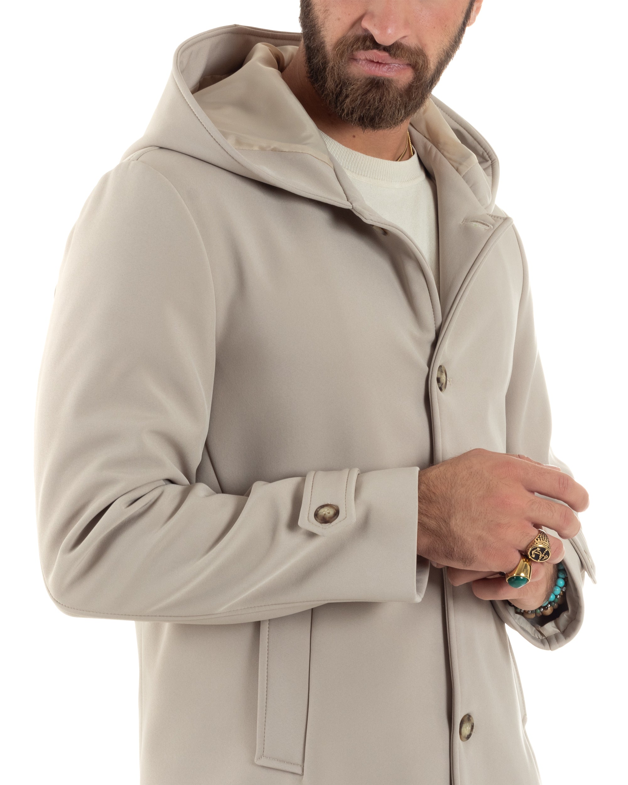 Giubbotto Uomo Con Cappuccio Trench Tessuto Tecnico Impermeabile Giaccone Bottoni Imbottito Lungo Antivento Beige G3236A