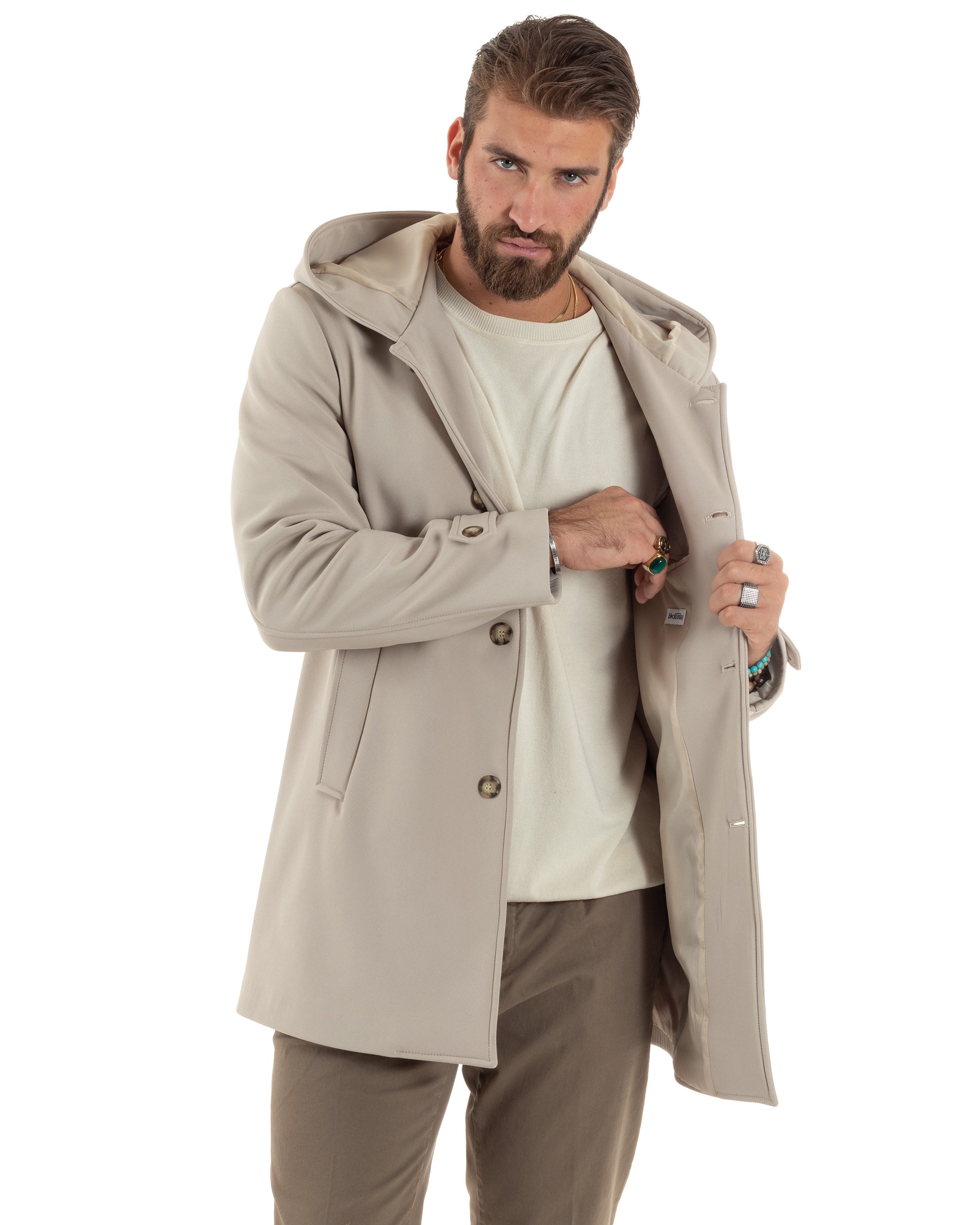 Giubbotto Uomo Con Cappuccio Trench Tessuto Tecnico Impermeabile Giaccone Bottoni Imbottito Lungo Antivento Beige G3236A