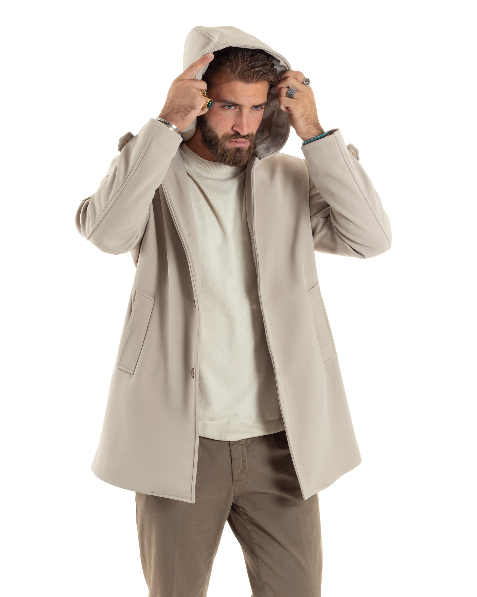 Giubbotto Uomo Con Cappuccio Trench Tessuto Tecnico Impermeabile Giaccone Bottoni Imbottito Lungo Antivento Beige G3236A