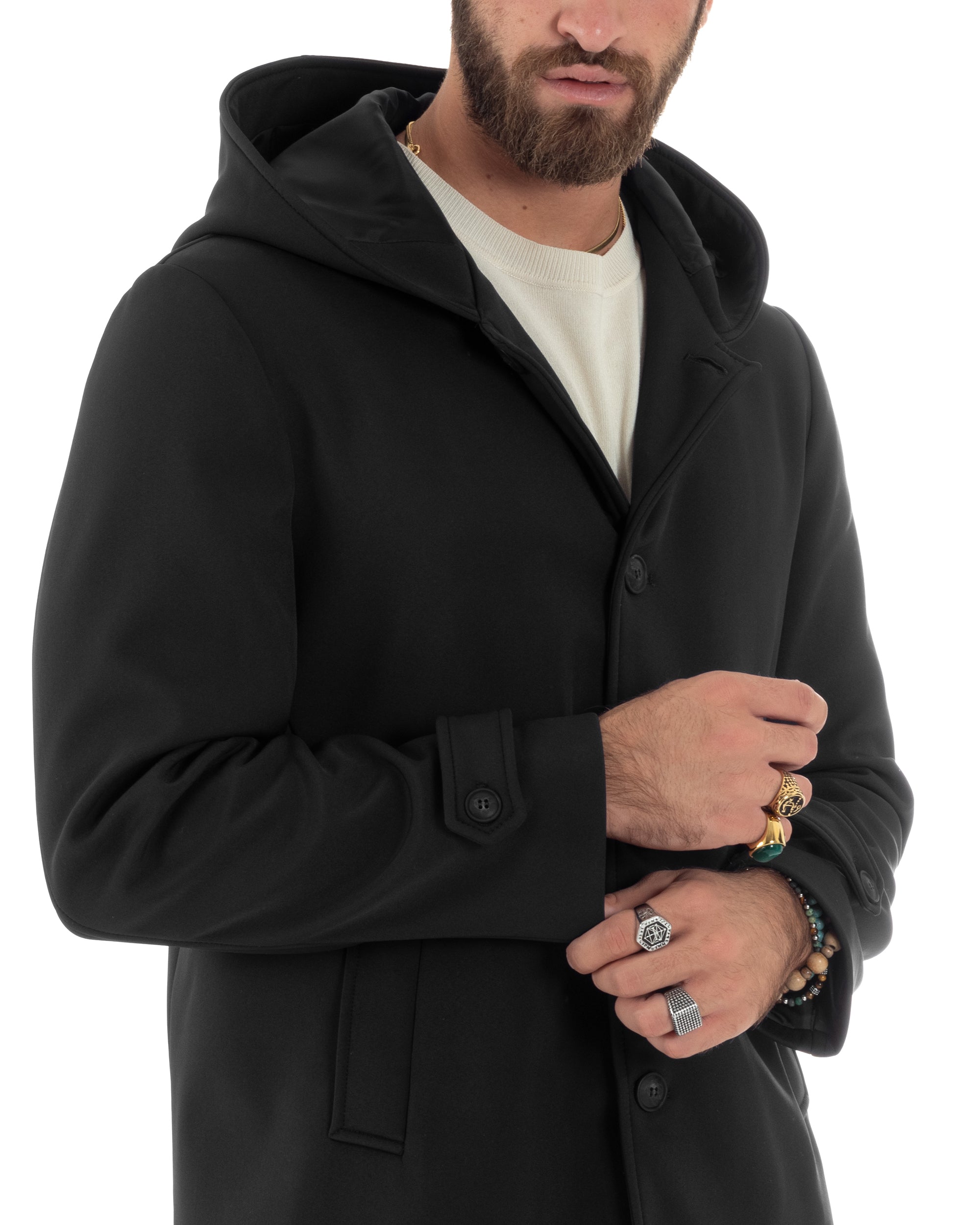 Giubbotto Uomo Con Cappuccio Trench Tessuto Tecnico Impermeabile Giaccone Bottoni Imbottito Lungo Antivento Nero G3237A