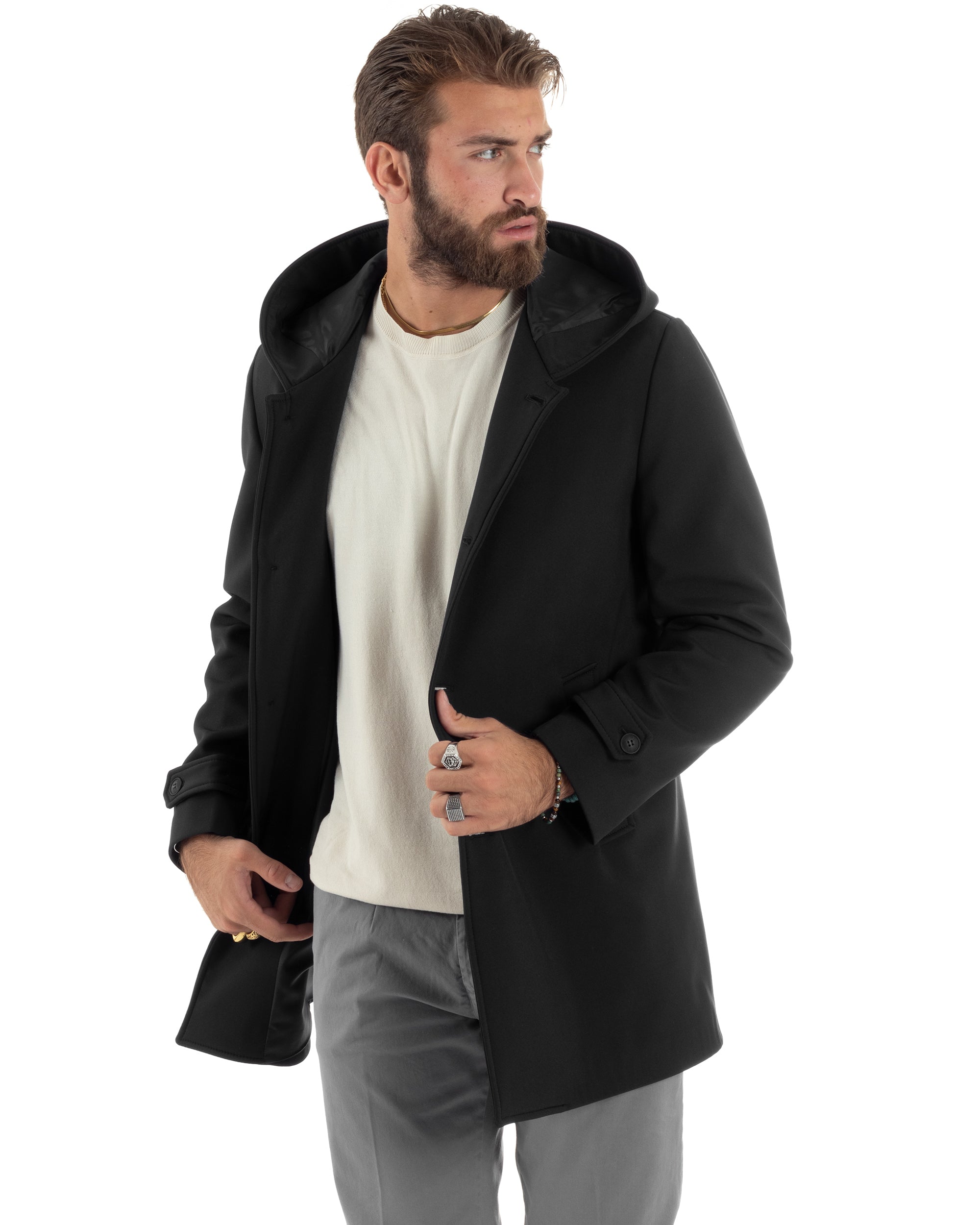 Giubbotto Uomo Con Cappuccio Trench Tessuto Tecnico Impermeabile Giaccone Bottoni Imbottito Lungo Antivento Nero G3237A