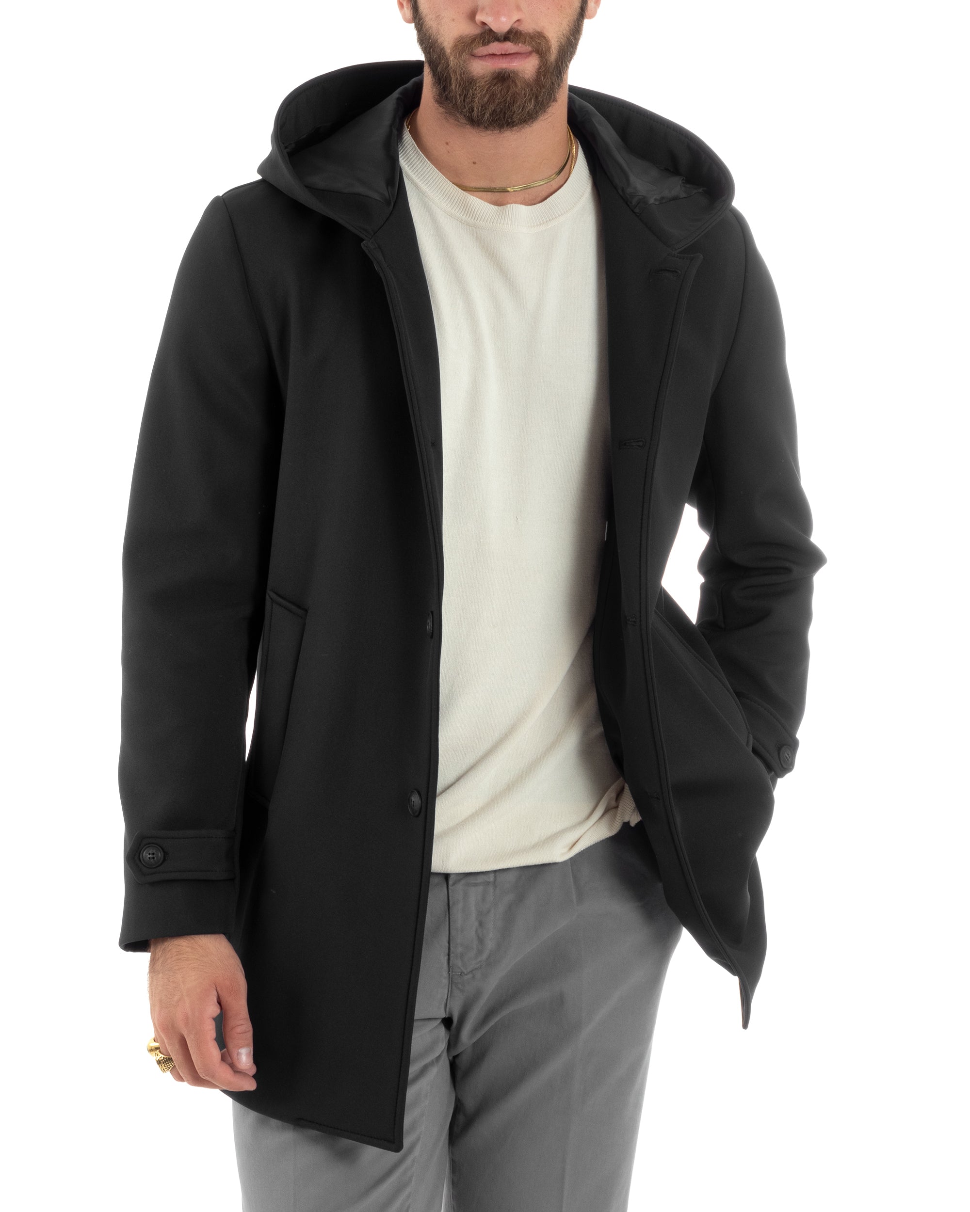 Giubbotto Uomo Con Cappuccio Trench Tessuto Tecnico Impermeabile Giaccone Bottoni Imbottito Lungo Antivento Nero G3237A