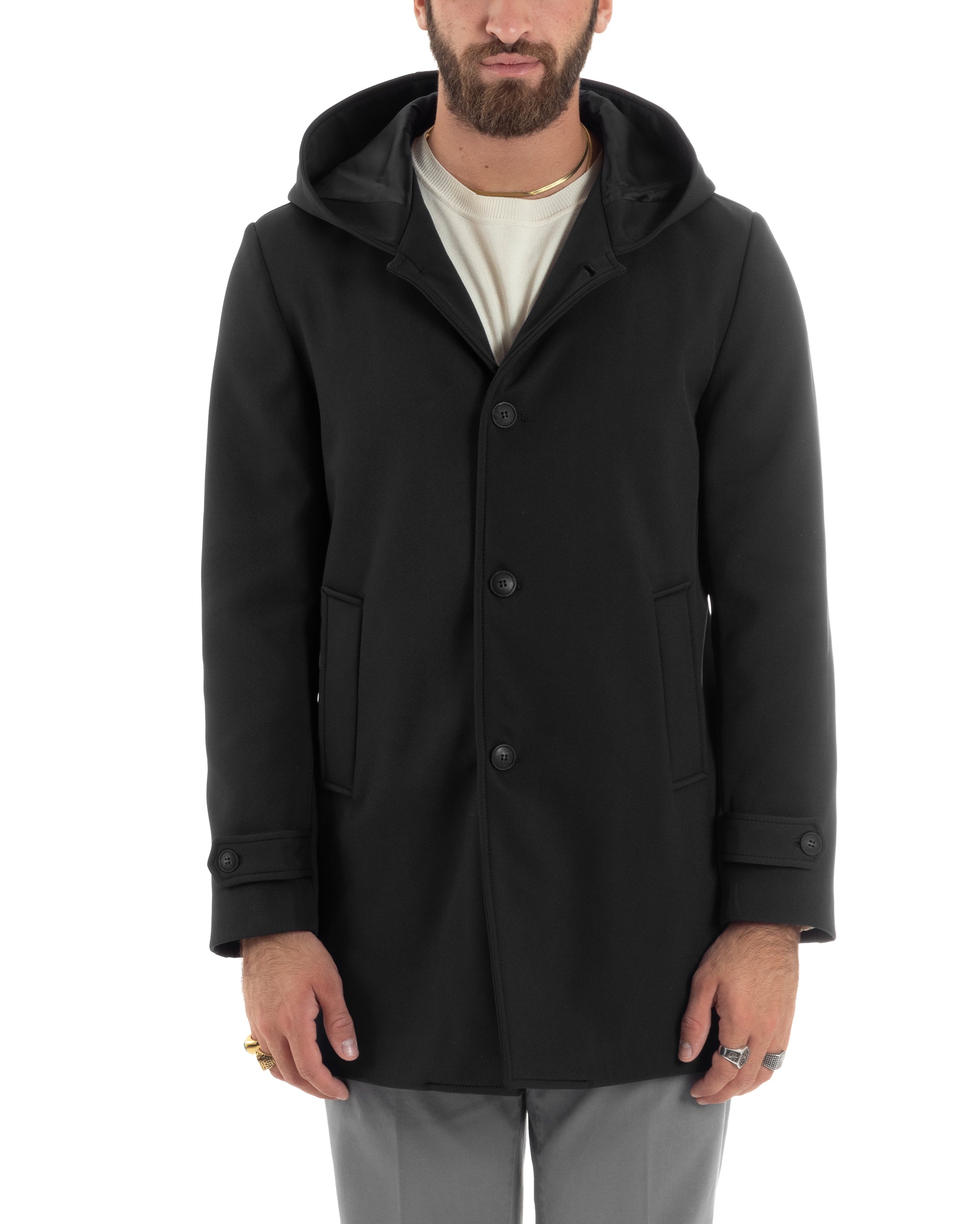 Giubbotto Uomo Con Cappuccio Trench Tessuto Tecnico Impermeabile Giaccone Bottoni Imbottito Lungo Antivento Nero G3237A