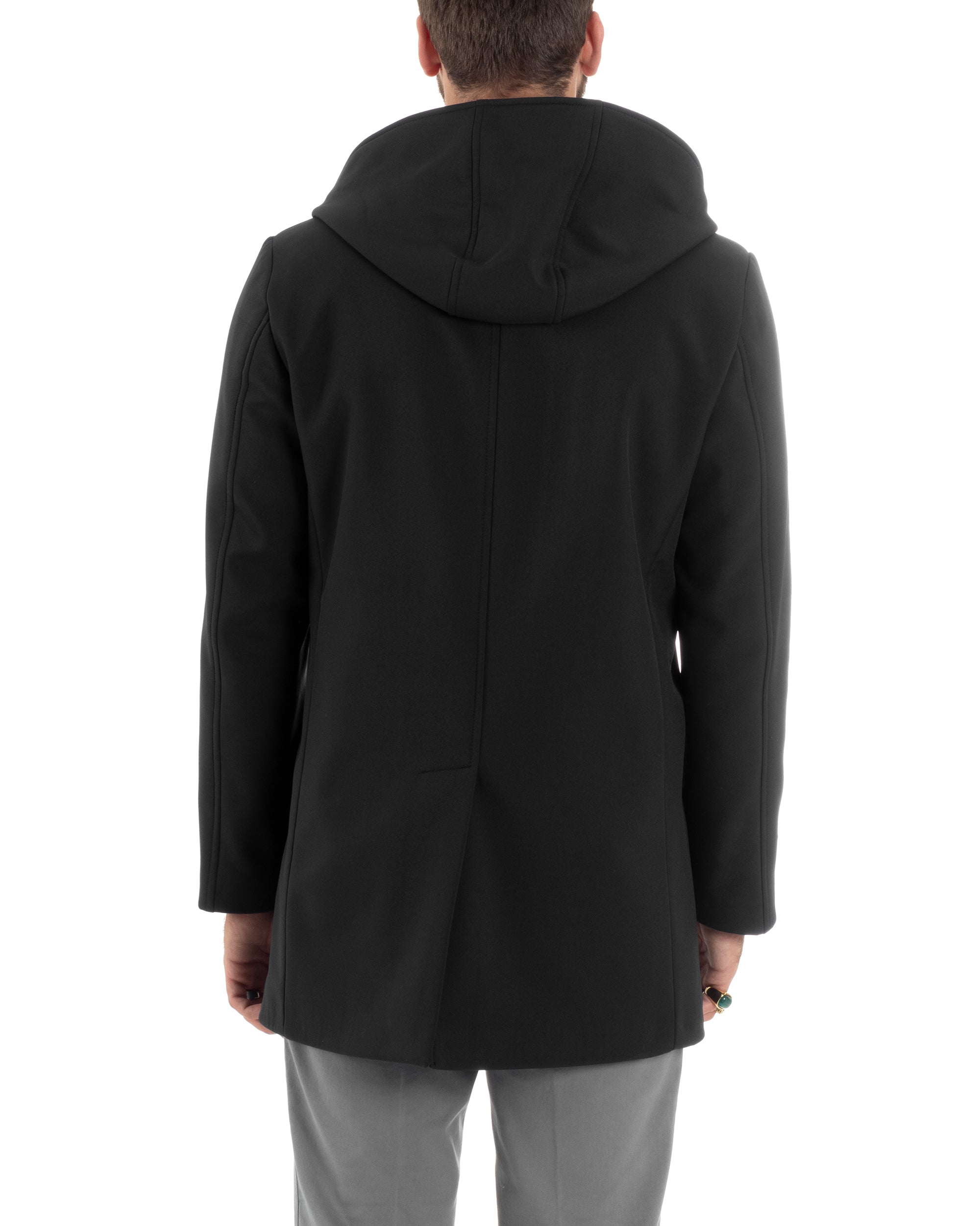 Giubbotto Uomo Con Cappuccio Trench Tessuto Tecnico Impermeabile Giaccone Bottoni Imbottito Lungo Antivento Nero G3237A