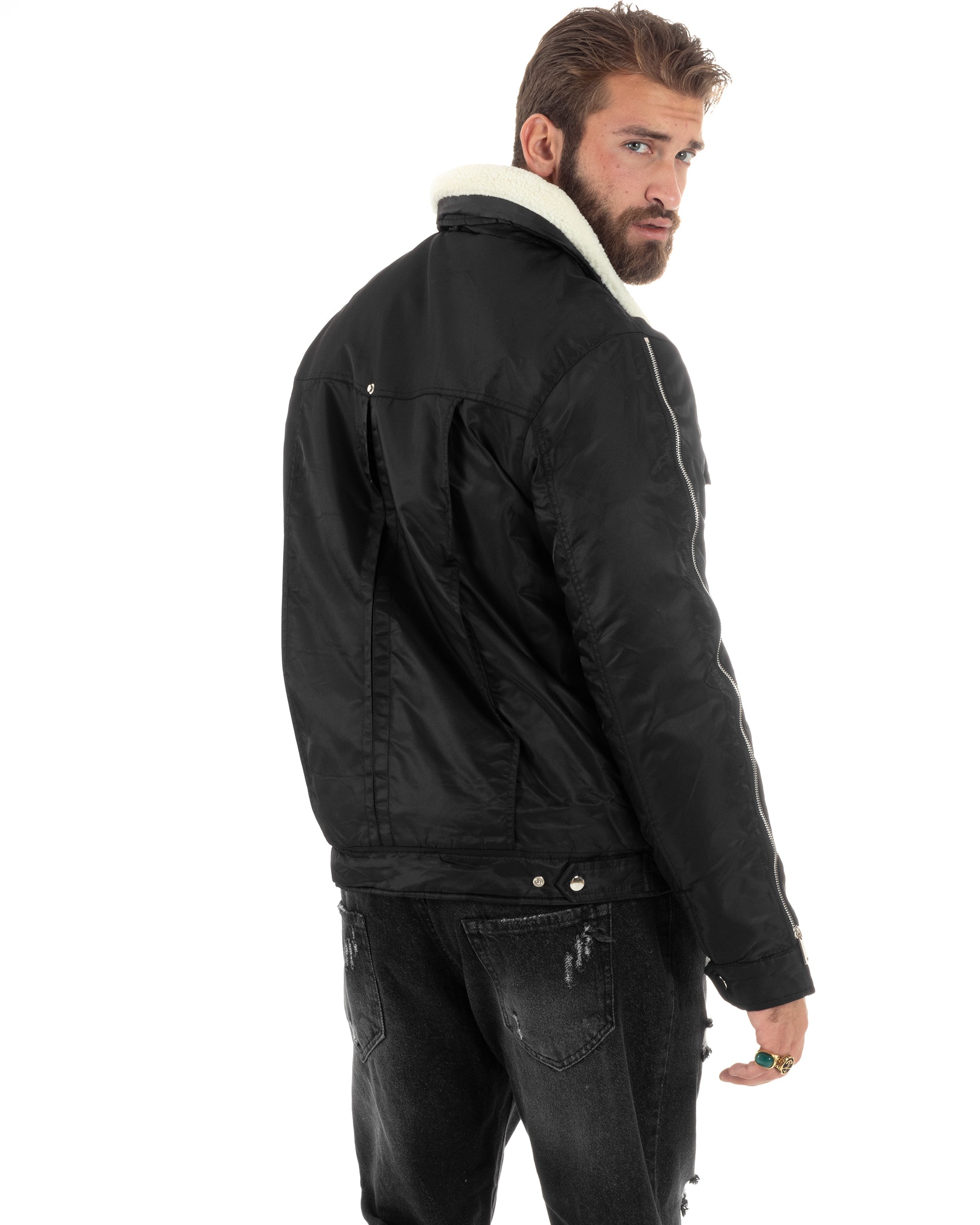 Giubbotto Montone Uomo Nylon Aviatore Con Tasconi E Zip Collo Pelliccia Giacca Calda Imbottita Bicolore Nero GIOSAL-G3243A