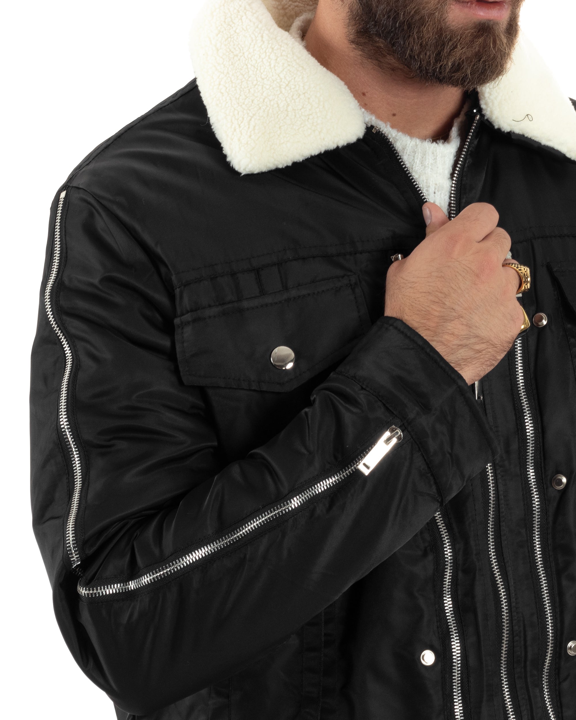 Giubbotto Montone Uomo Nylon Aviatore Con Tasconi E Zip Collo Pelliccia Giacca Calda Imbottita Bicolore Nero GIOSAL-G3243A