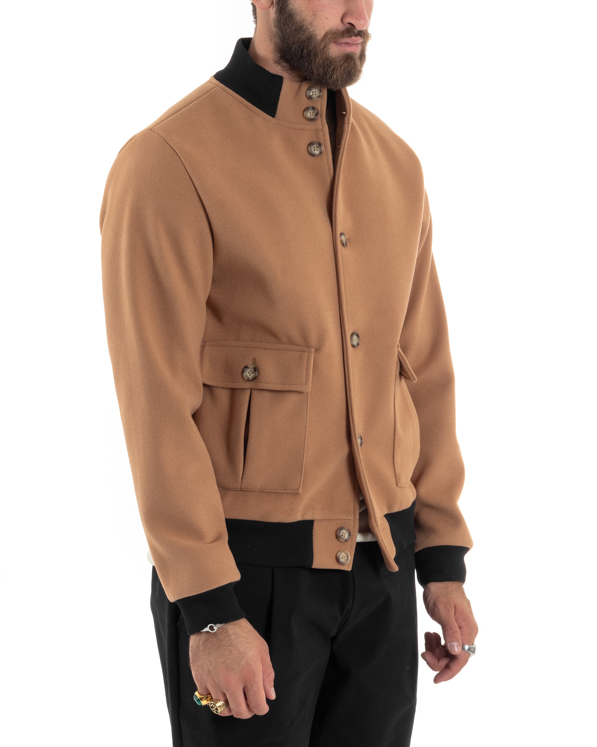 Giubbotto Uomo Tessuto Cappotto Bomber College In Panno Comodo Bicolore Giacca Calda Con Tasconi Casual Camel GIOSAL-G3244A