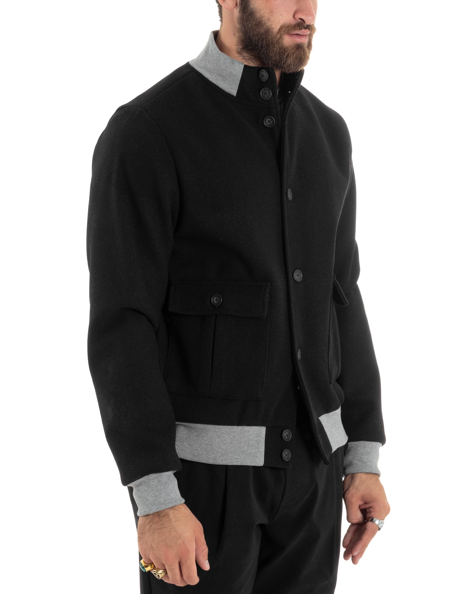 Giubbotto Uomo Tessuto Cappotto Bomber College In Panno Comodo Bicolore Giacca Calda Con Tasconi Casual Nero GIOSAL-G3245A