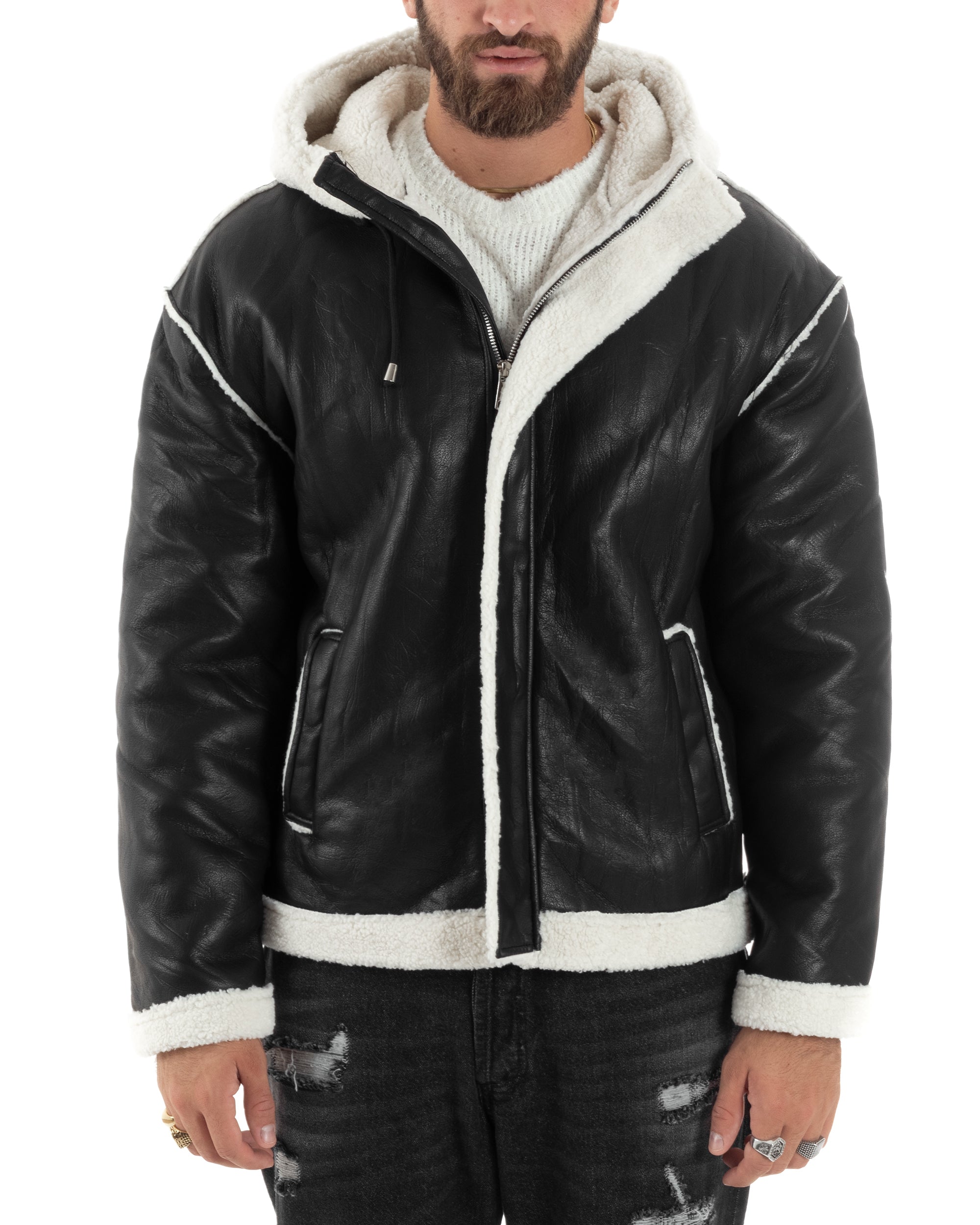 Giubbotto Montone Uomo Ecopelle Pelliccia Giacca Aviatore Nero G3247A