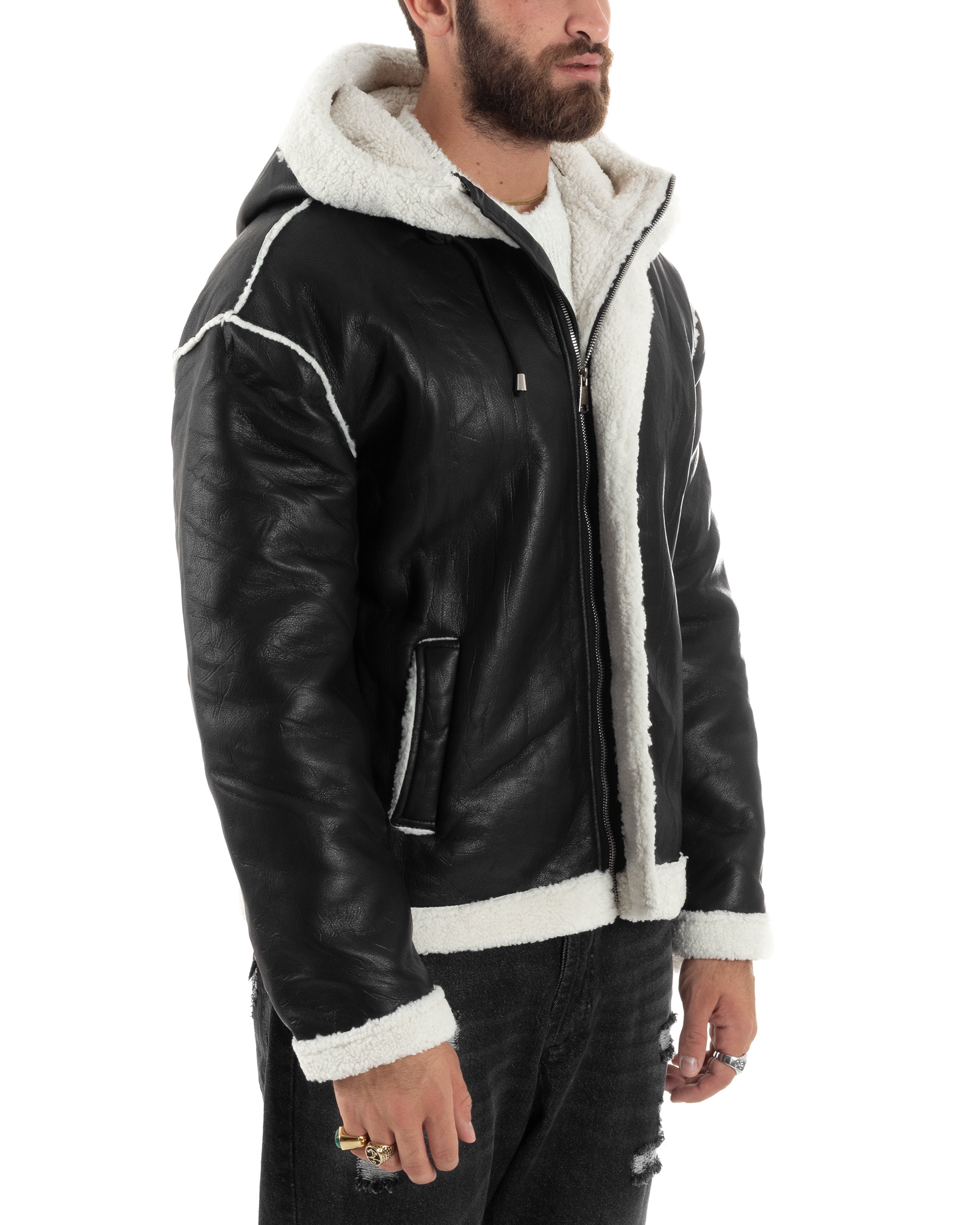 Giubbotto Montone Uomo Ecopelle Pelliccia Giacca Aviatore Nero G3247A