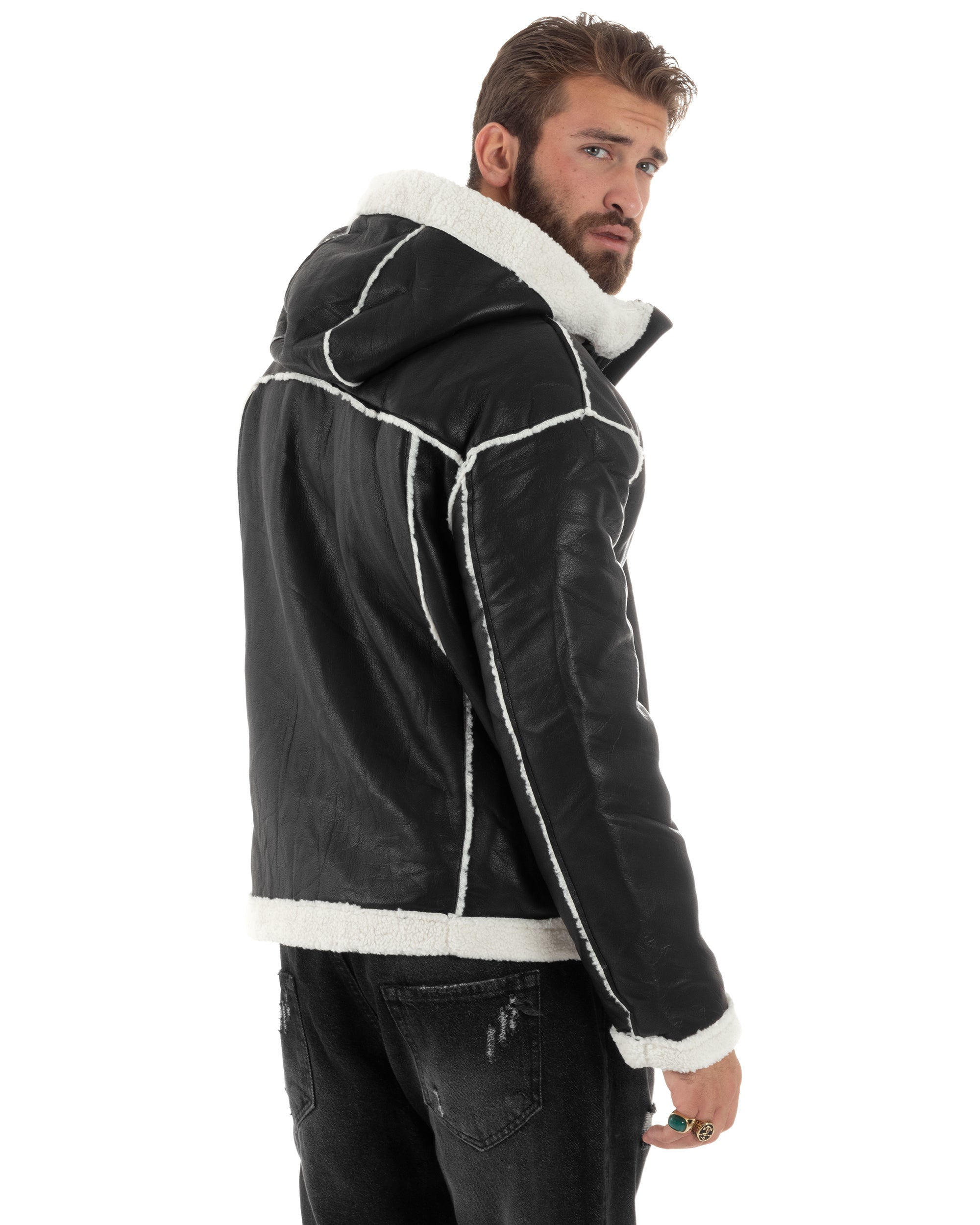 Giubbotto Montone Uomo Ecopelle Pelliccia Giacca Aviatore Nero G3247A