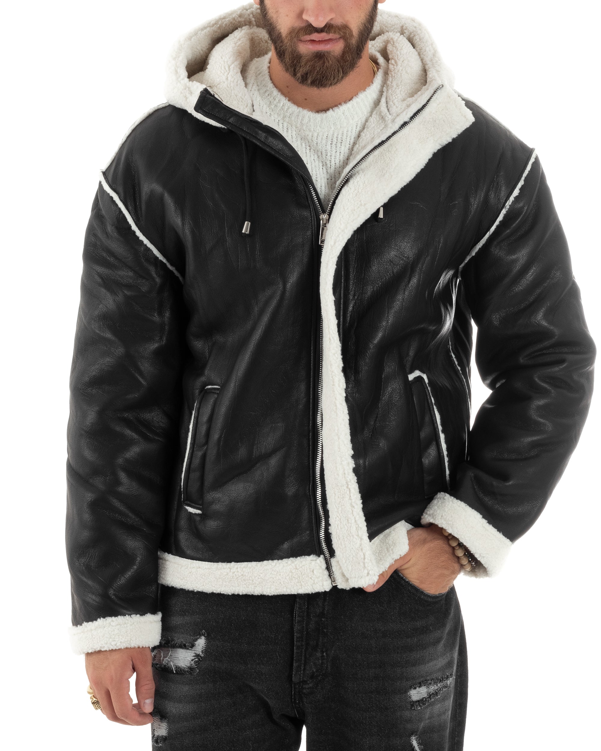 Giubbotto Montone Uomo Ecopelle Pelliccia Giacca Aviatore Nero G3247A