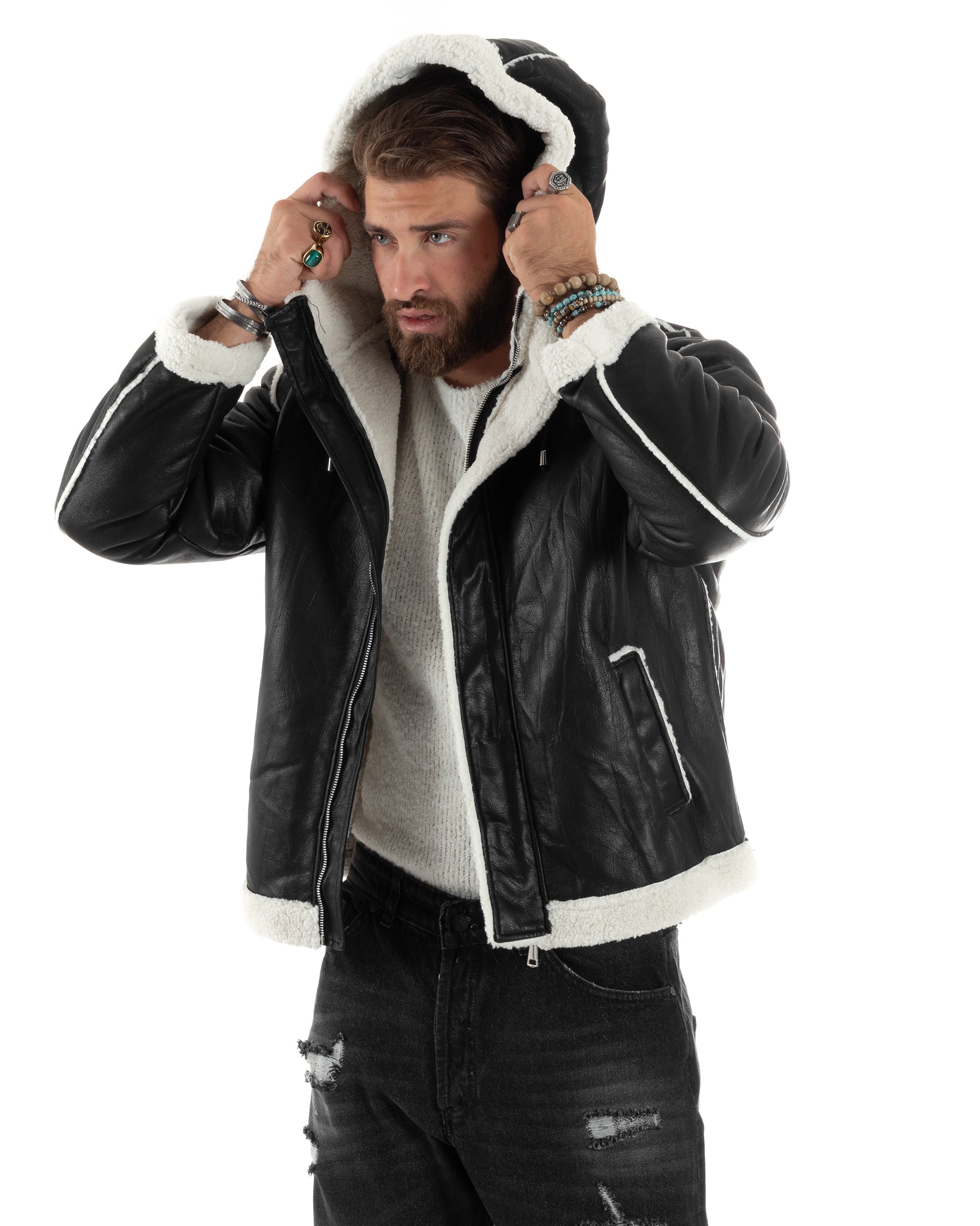 Giubbotto Montone Uomo Ecopelle Pelliccia Giacca Aviatore Nero G3247A