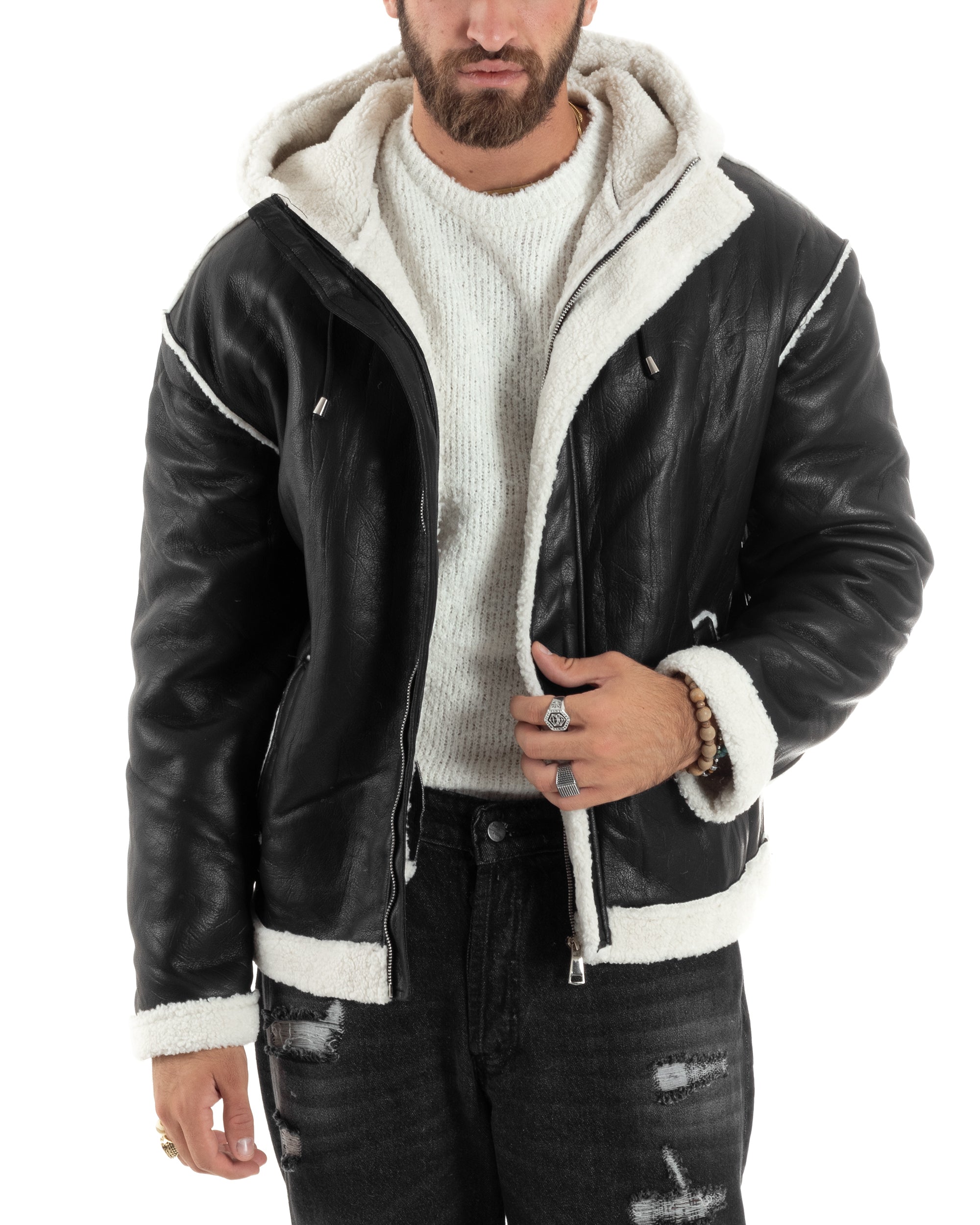 Giubbotto Montone Uomo Ecopelle Pelliccia Giacca Aviatore Nero G3247A