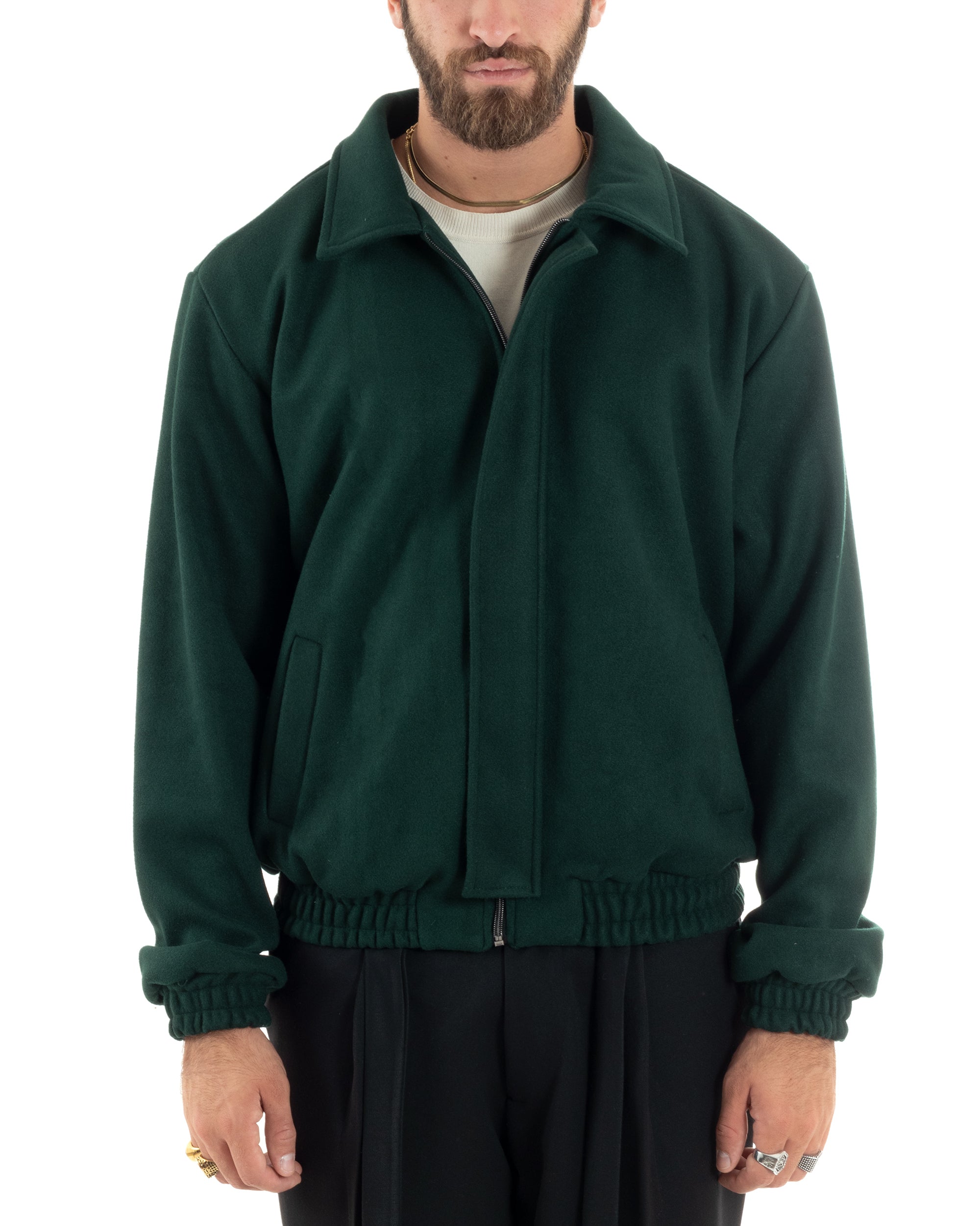 Giubbotto Uomo Panno Caldo Bomber Con Colletto Giacca Con Zip Tinta Unita Verde GIOSAL-G3249A