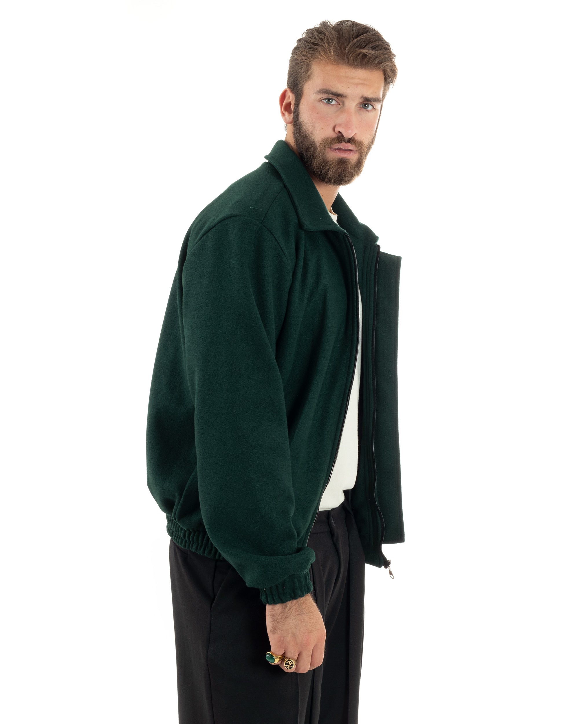 Giubbotto Uomo Panno Caldo Bomber Con Colletto Giacca Con Zip Tinta Unita Verde GIOSAL-G3249A