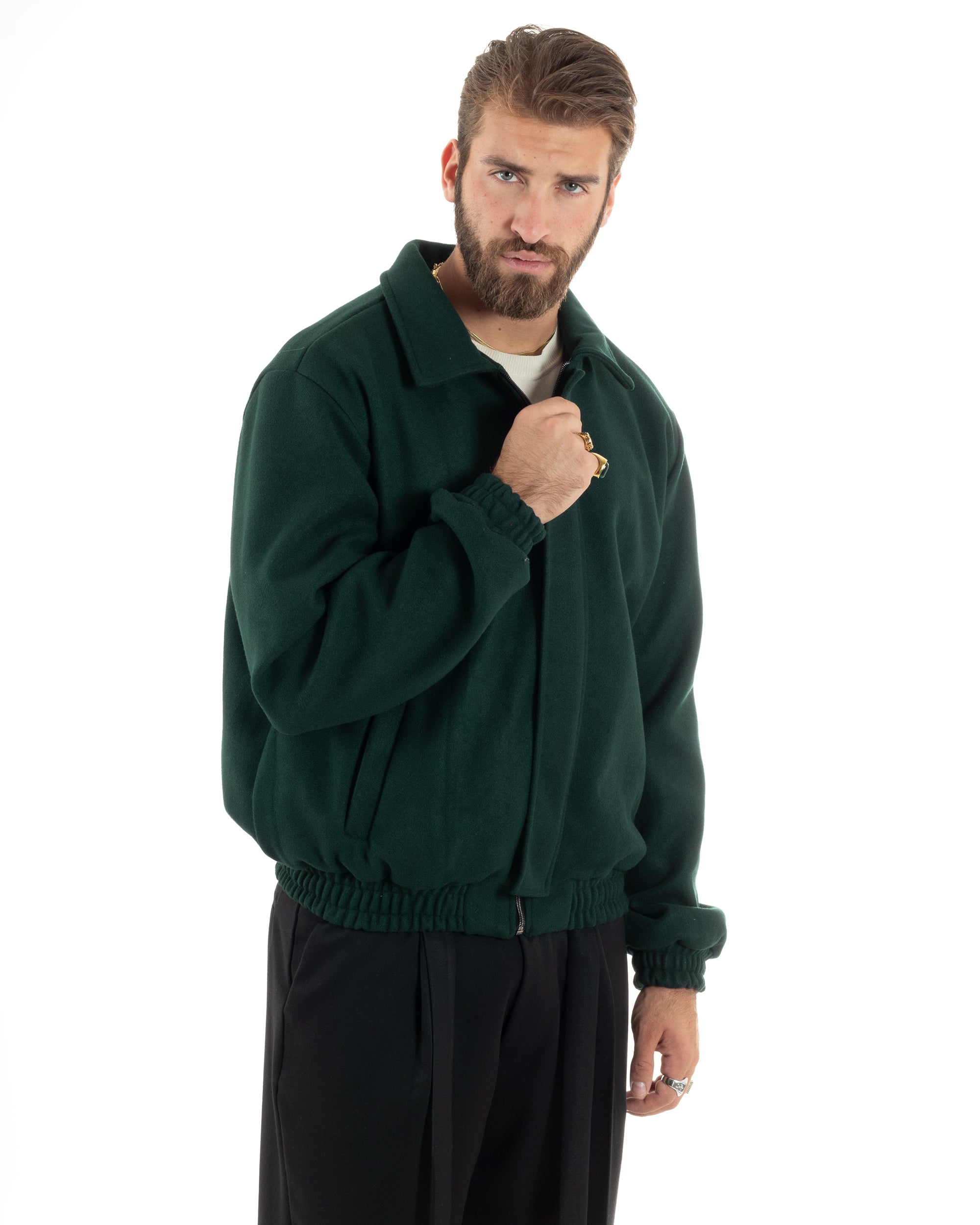 Giubbotto Uomo Panno Caldo Bomber Con Colletto Giacca Con Zip Tinta Unita Verde GIOSAL-G3249A