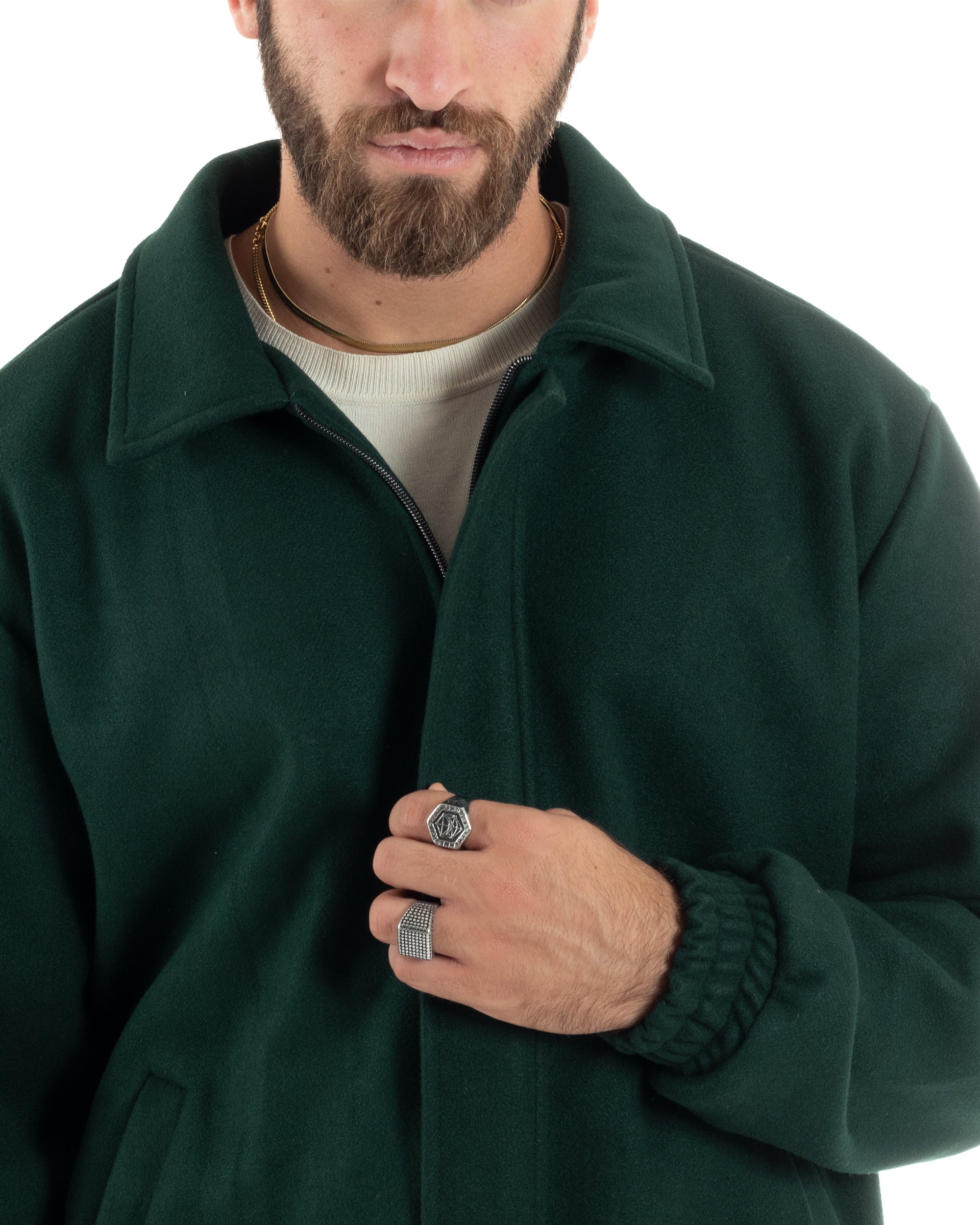 Giubbotto Uomo Panno Caldo Bomber Con Colletto Giacca Con Zip Tinta Unita Verde GIOSAL-G3249A