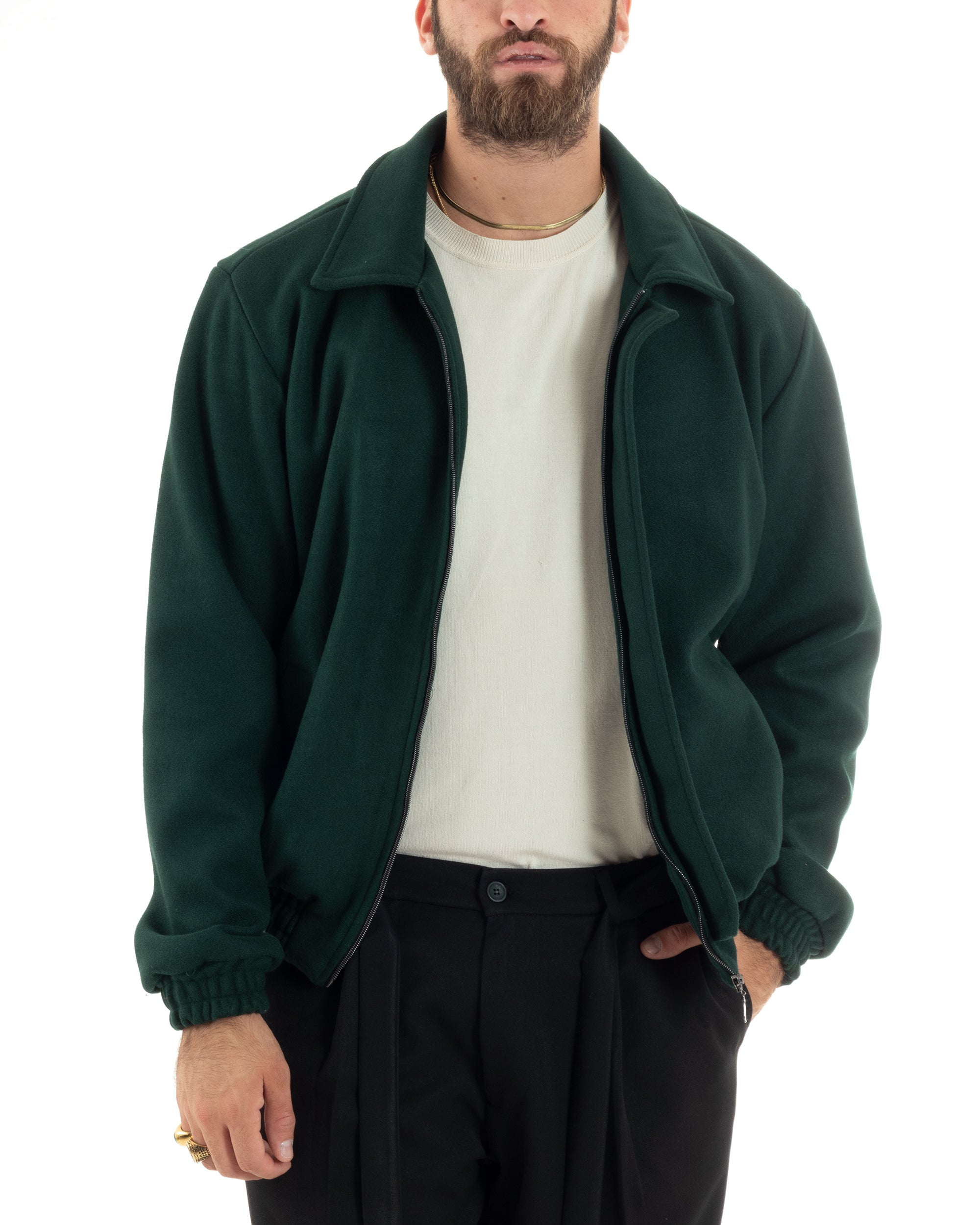 Giubbotto Uomo Panno Caldo Bomber Con Colletto Giacca Con Zip Tinta Unita Verde GIOSAL-G3249A