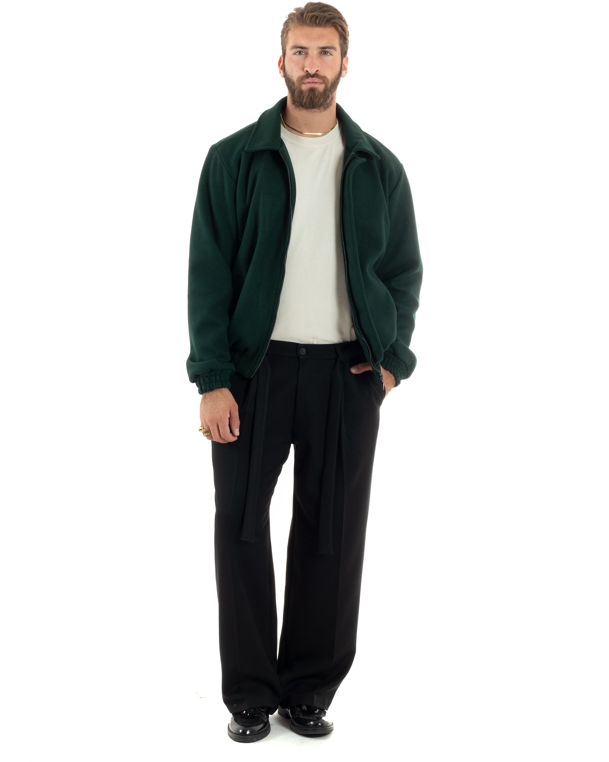 Giubbotto Uomo Panno Caldo Bomber Con Colletto Giacca Con Zip Tinta Unita Verde GIOSAL-G3249A