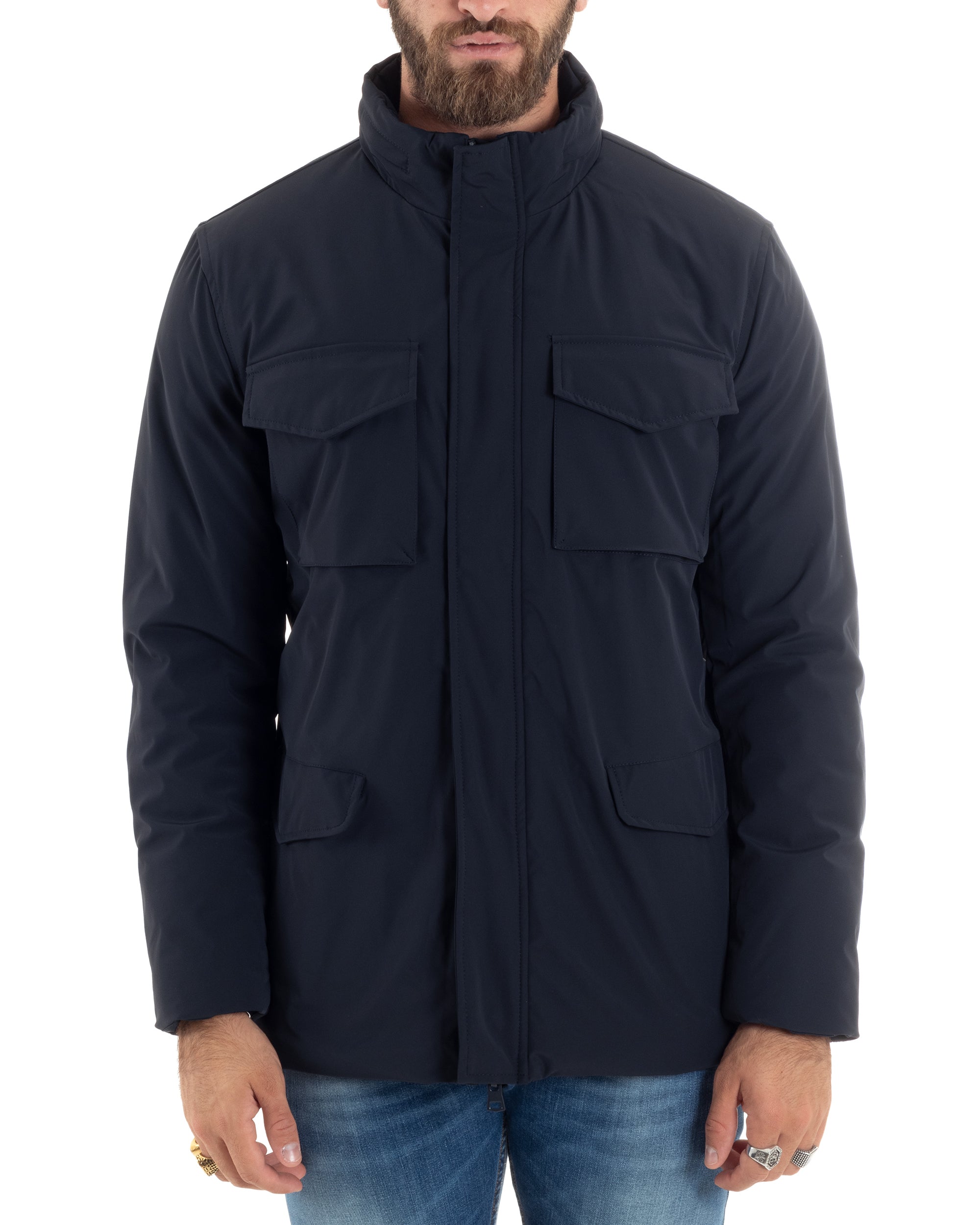 Giubbotto Uomo Tessuto Tecnico Sahariana Tasche E Zip Giacca Imbottita Impermeabile Blu GIOSAL-G3250A