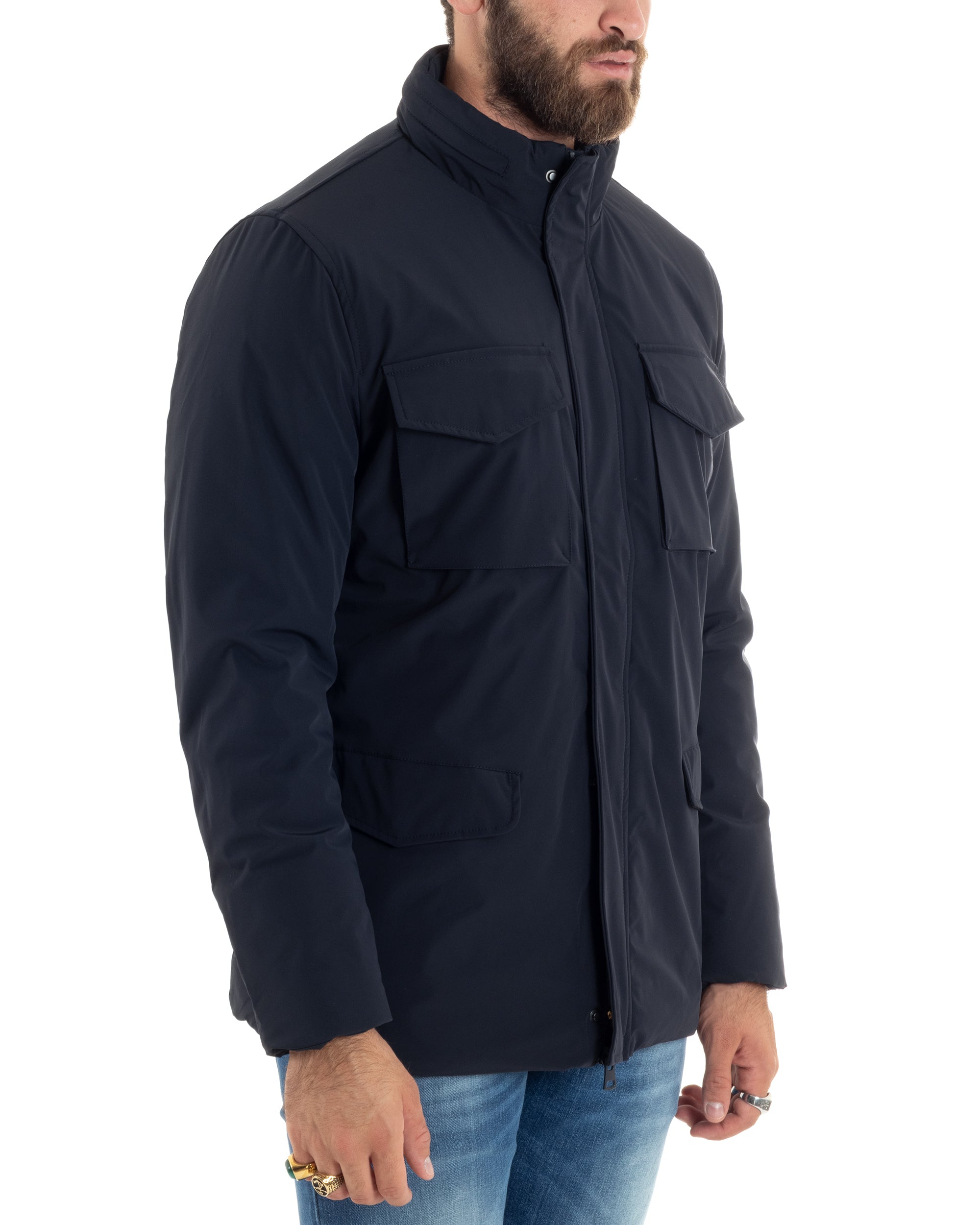 Giubbotto Uomo Tessuto Tecnico Sahariana Tasche E Zip Giacca Imbottita Impermeabile Blu GIOSAL-G3250A