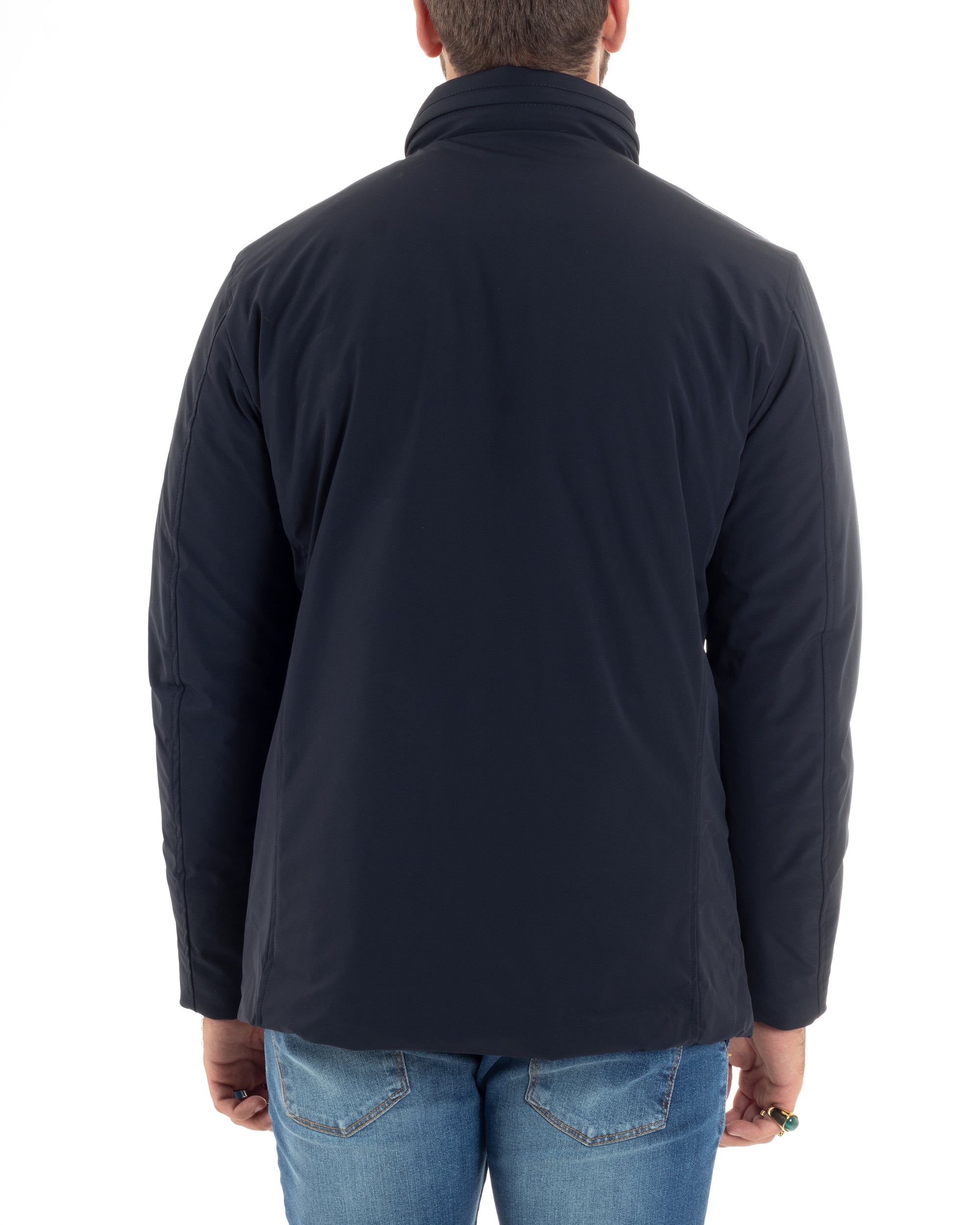 Giubbotto Uomo Tessuto Tecnico Sahariana Tasche E Zip Giacca Imbottita Impermeabile Blu GIOSAL-G3250A