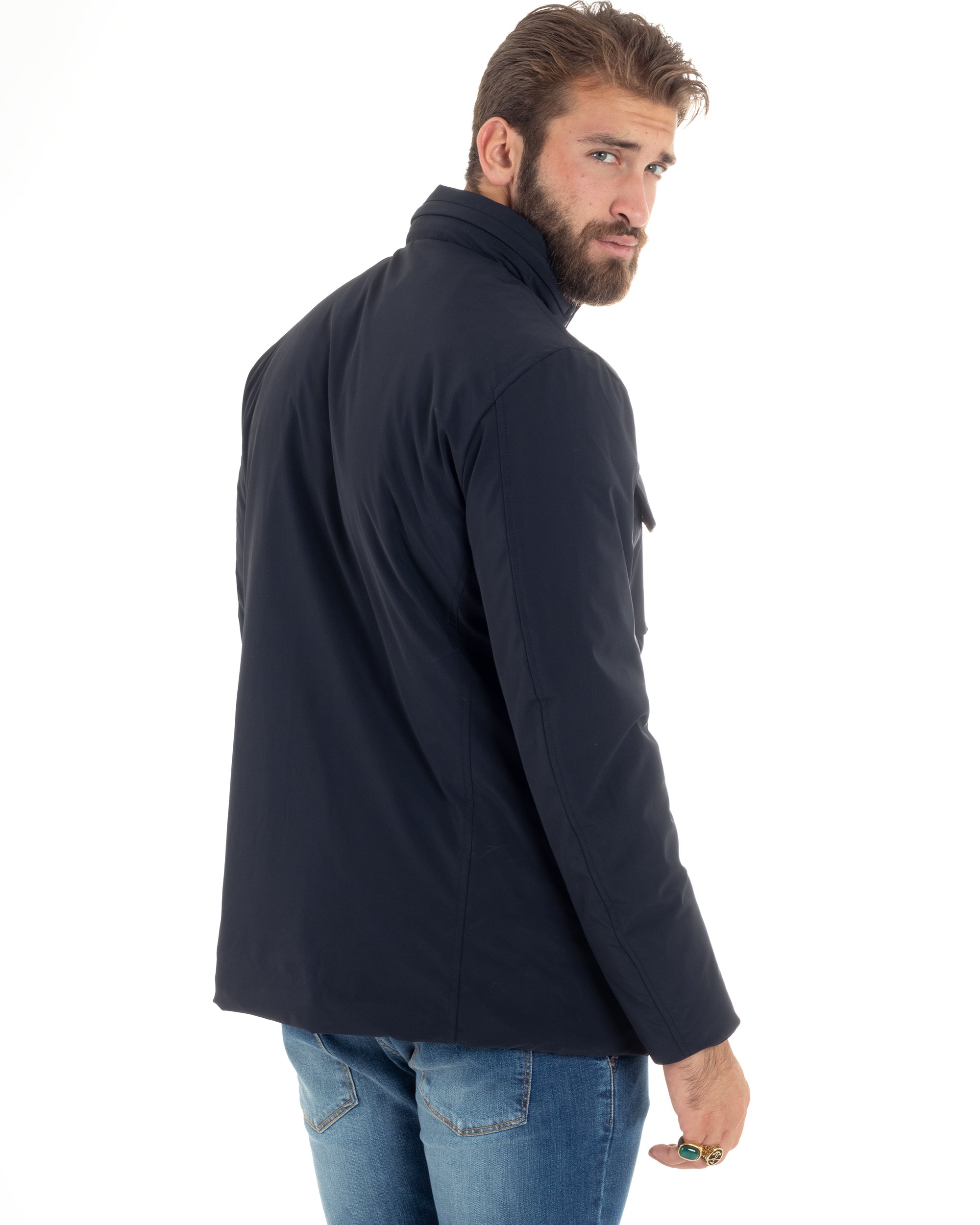 Giubbotto Uomo Tessuto Tecnico Sahariana Tasche E Zip Giacca Imbottita Impermeabile Blu GIOSAL-G3250A