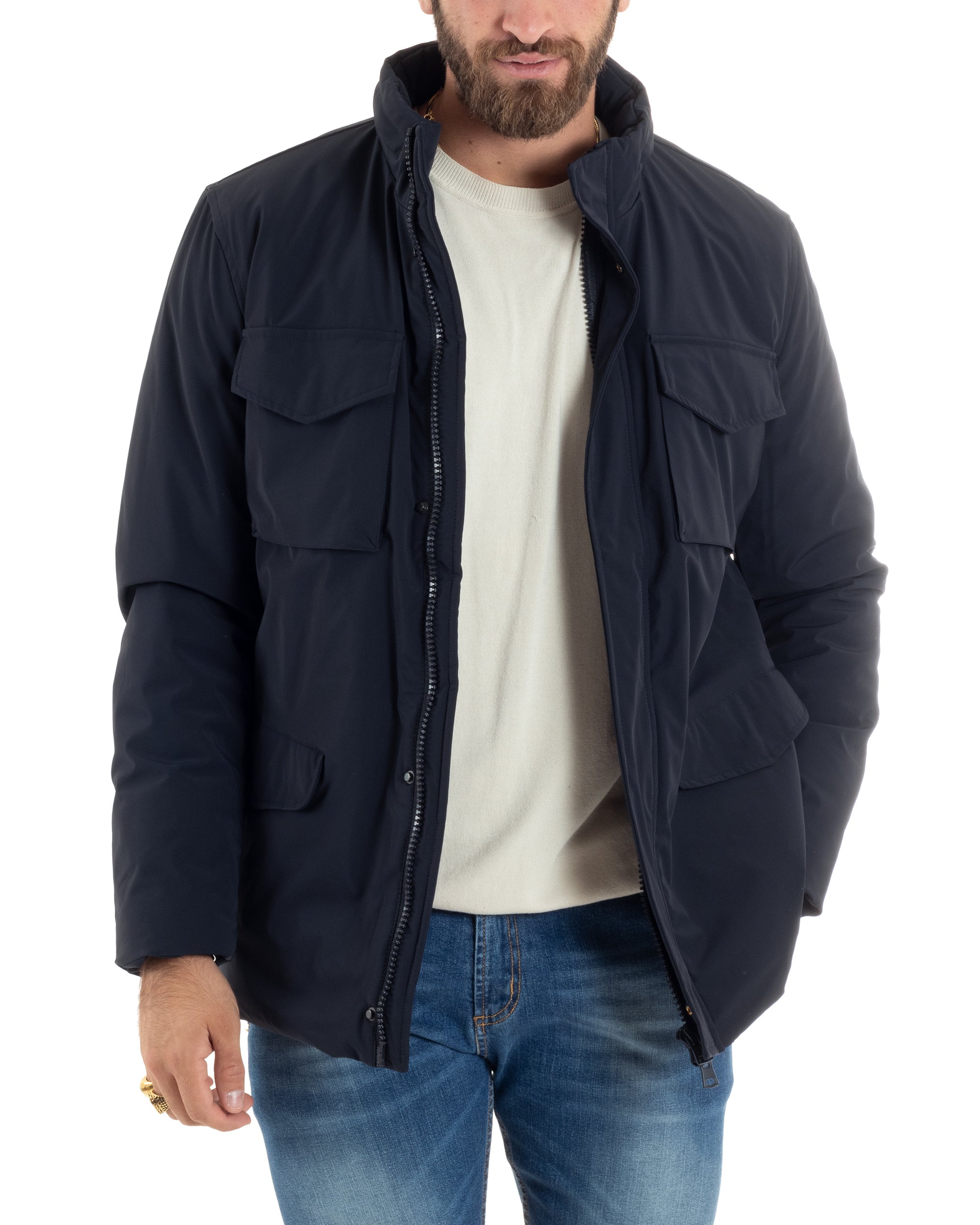 Giubbotto Uomo Tessuto Tecnico Sahariana Tasche E Zip Giacca Imbottita Impermeabile Blu GIOSAL-G3250A