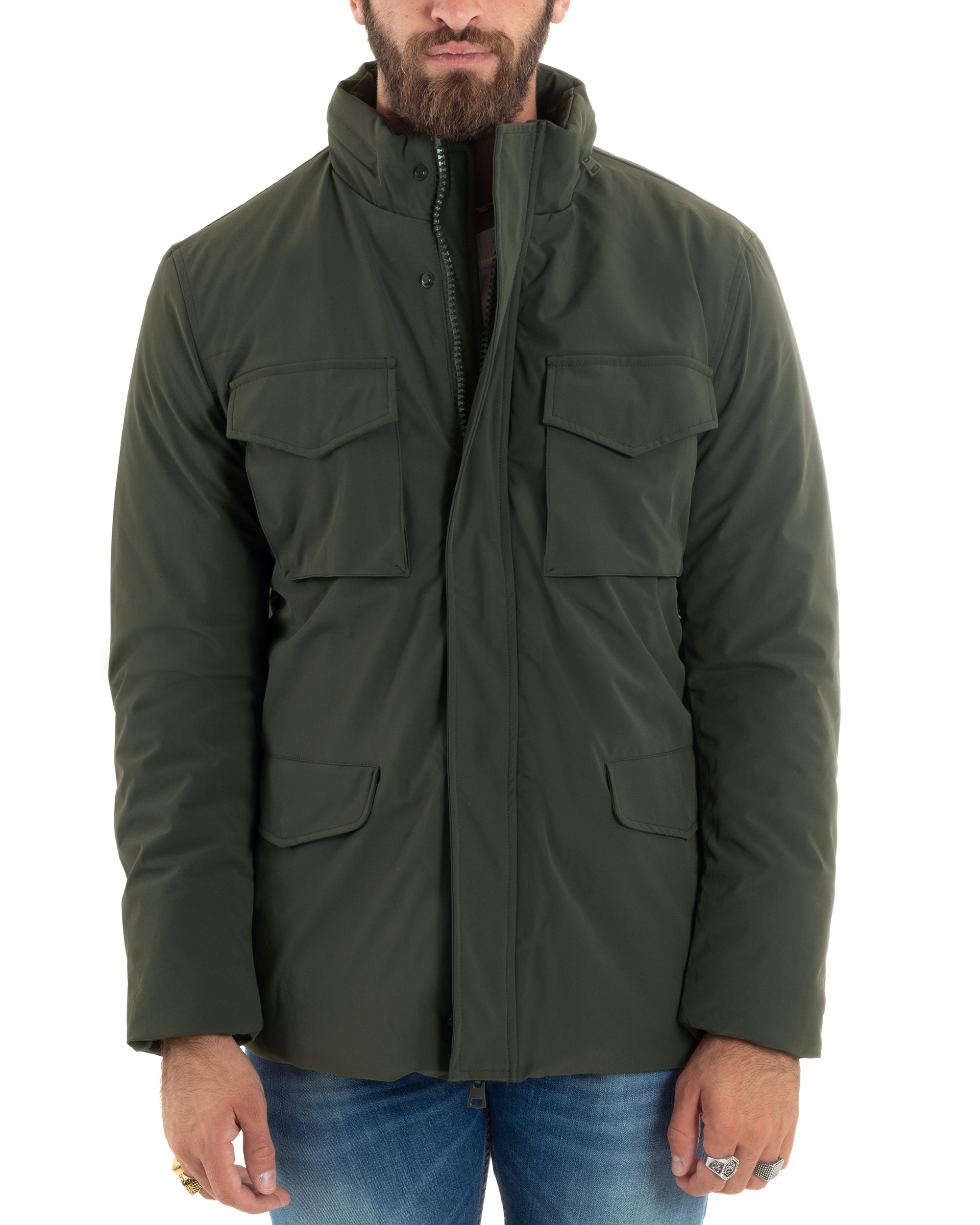 Giubbotto Uomo Tessuto Tecnico Sahariana Tasche E Zip Giacca Imbottita Impermeabile Verde GIOSAL-G3251A