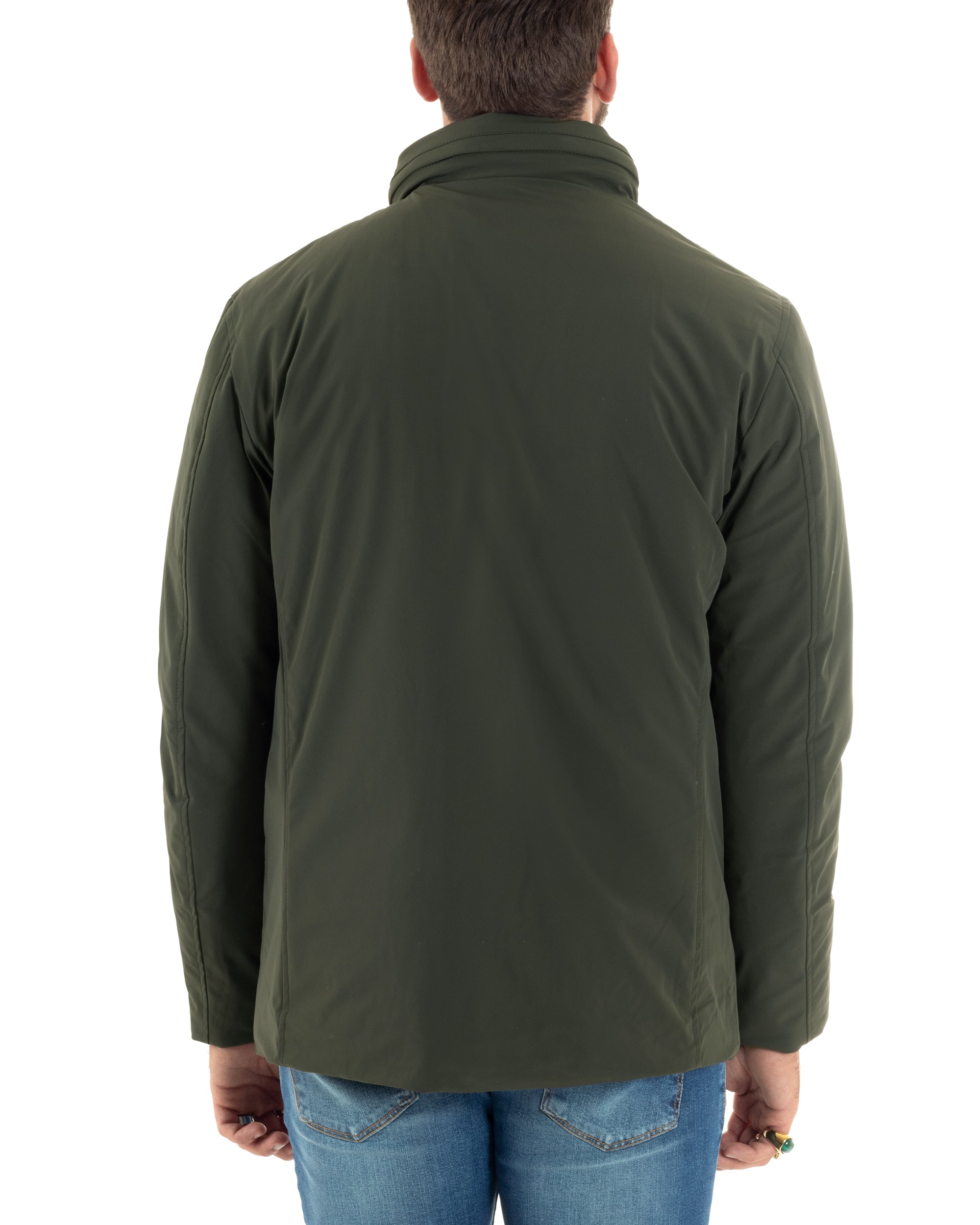 Giubbotto Uomo Tessuto Tecnico Sahariana Tasche E Zip Giacca Imbottita Impermeabile Verde GIOSAL-G3251A