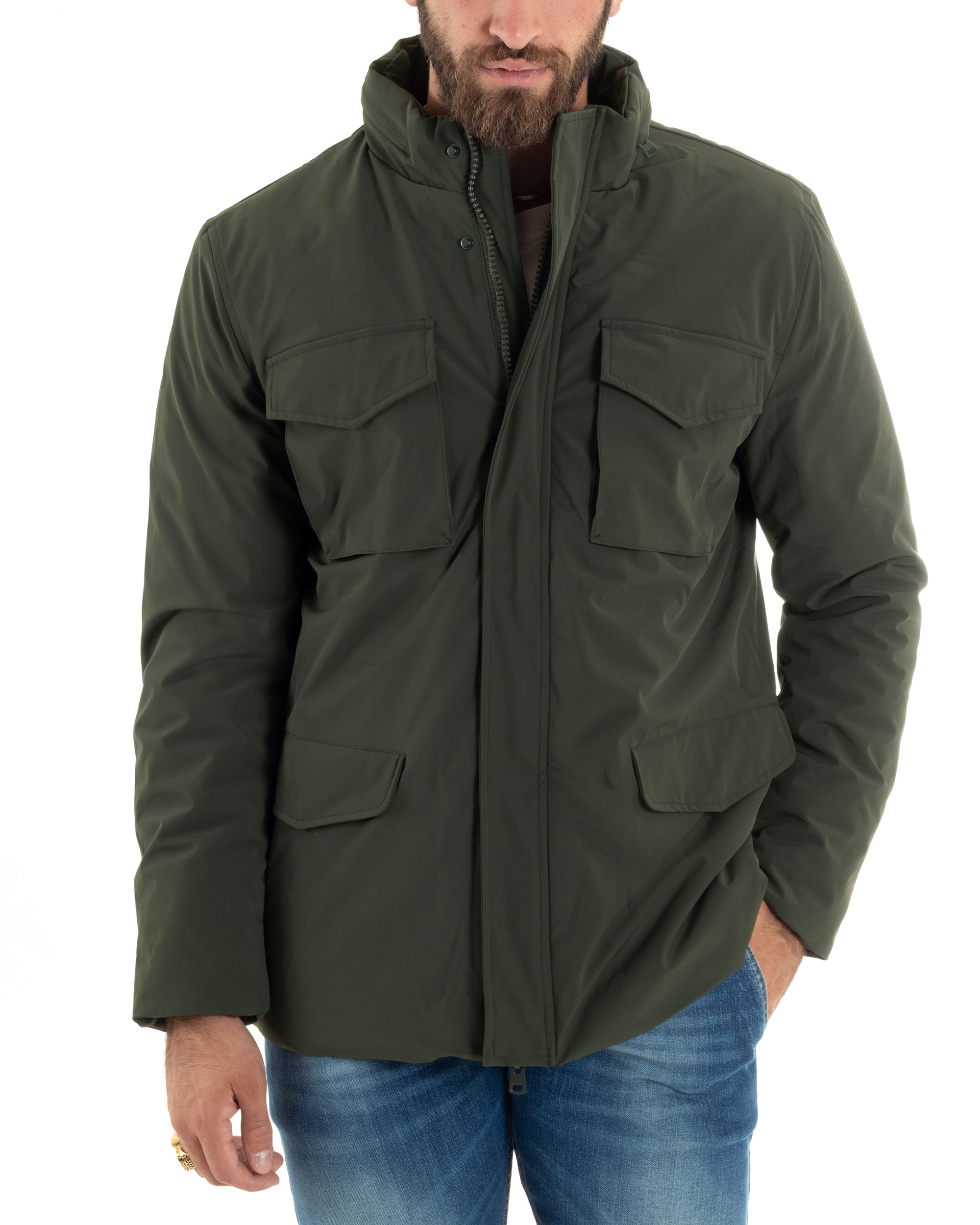 Giubbotto Uomo Tessuto Tecnico Sahariana Tasche E Zip Giacca Imbottita Impermeabile Verde GIOSAL-G3251A