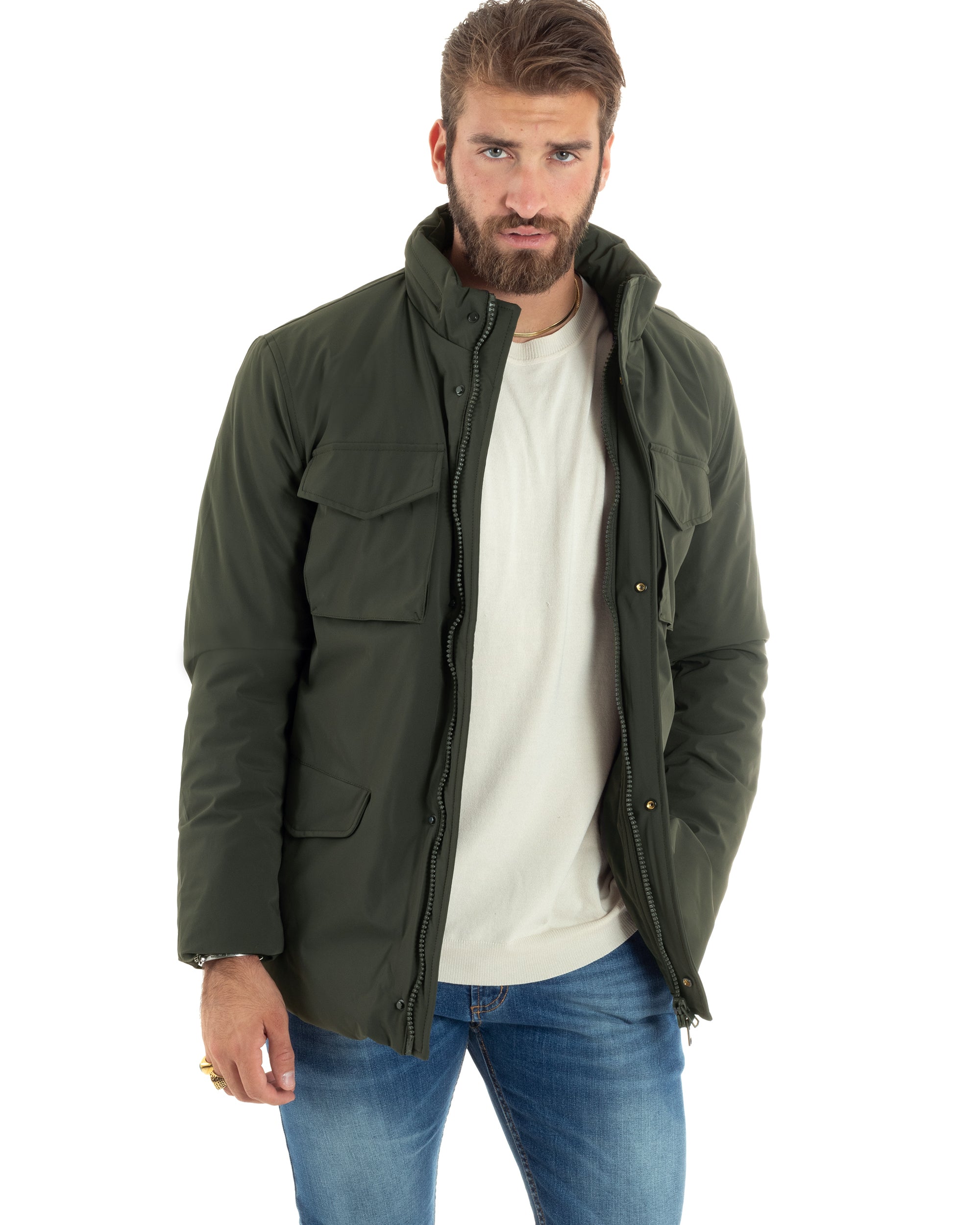 Giubbotto Uomo Tessuto Tecnico Sahariana Tasche E Zip Giacca Imbottita Impermeabile Verde GIOSAL-G3251A