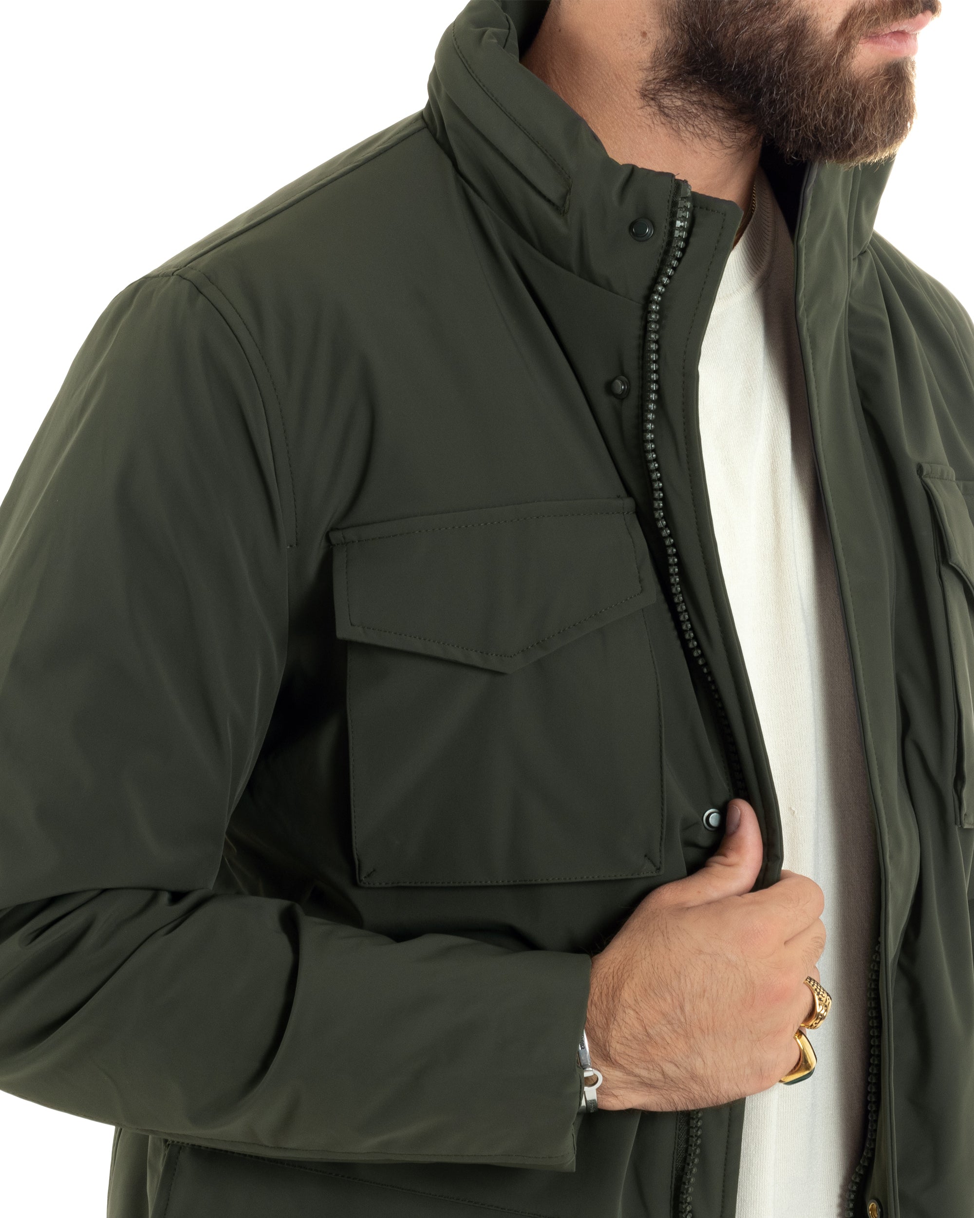 Giubbotto Uomo Tessuto Tecnico Sahariana Tasche E Zip Giacca Imbottita Impermeabile Verde GIOSAL-G3251A