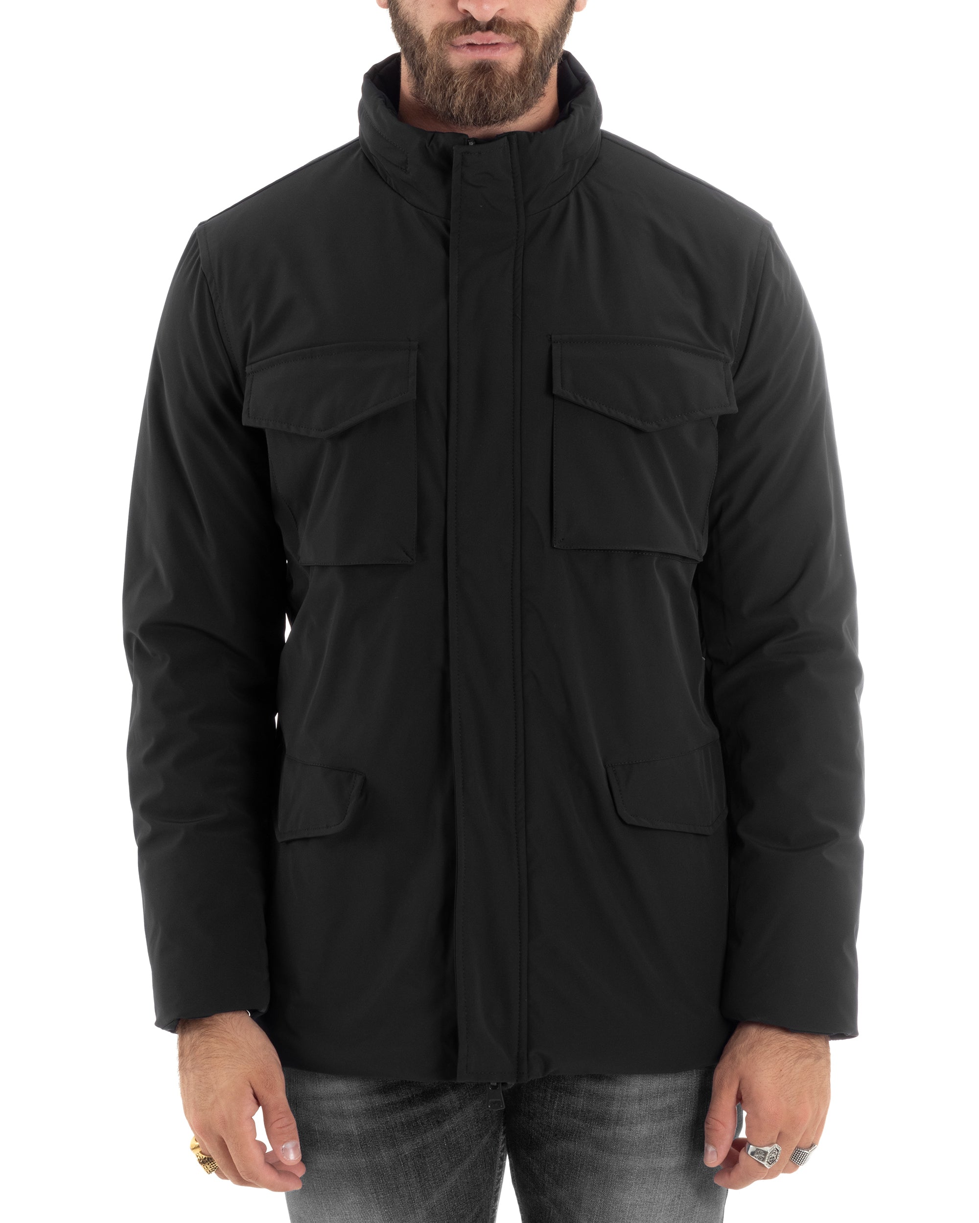Giubbotto Uomo Tessuto Tecnico Sahariana Tasche E Zip Giacca Imbottita Impermeabile Nero GIOSAL-G3252A