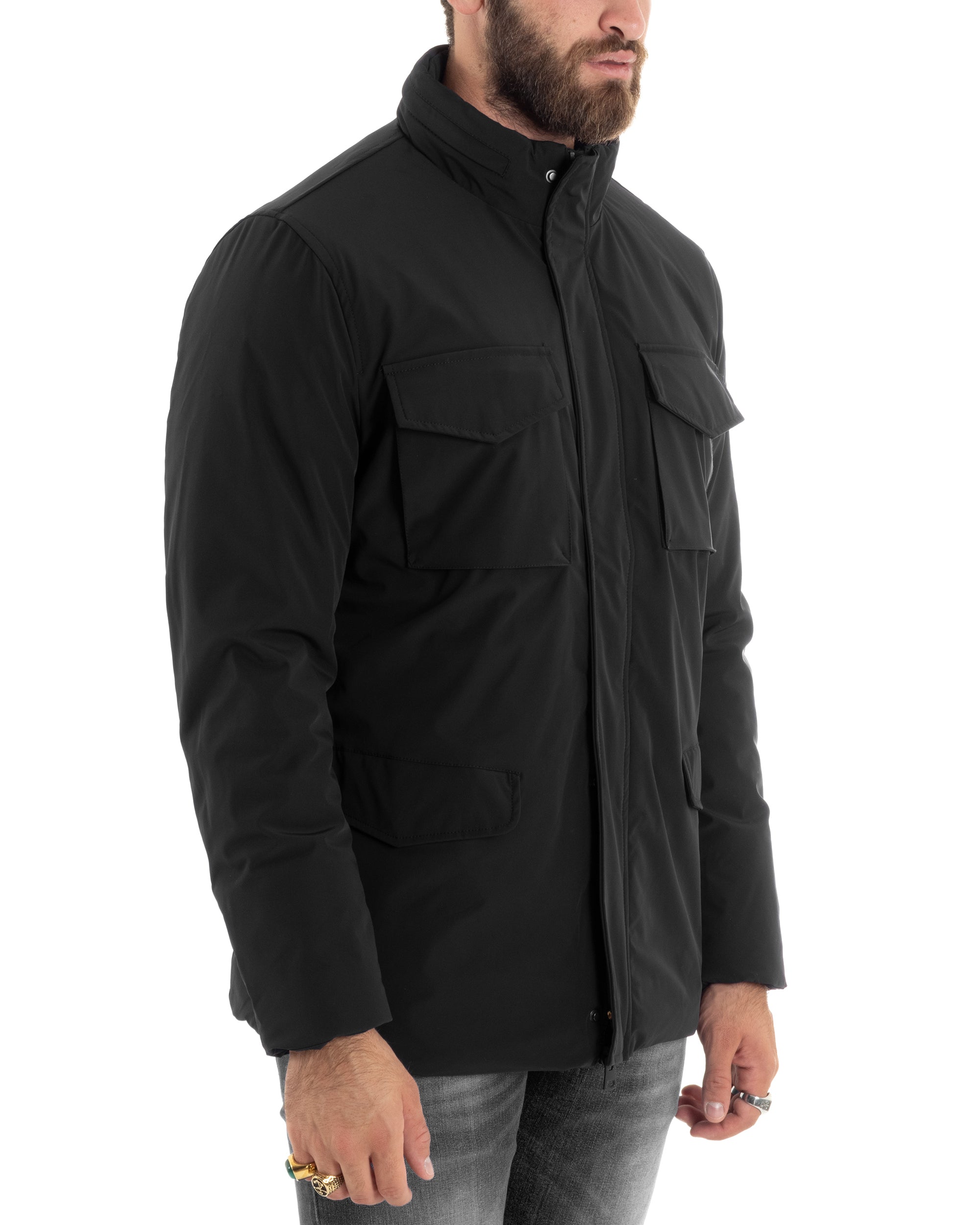 Giubbotto Uomo Tessuto Tecnico Sahariana Tasche E Zip Giacca Imbottita Impermeabile Nero GIOSAL-G3252A