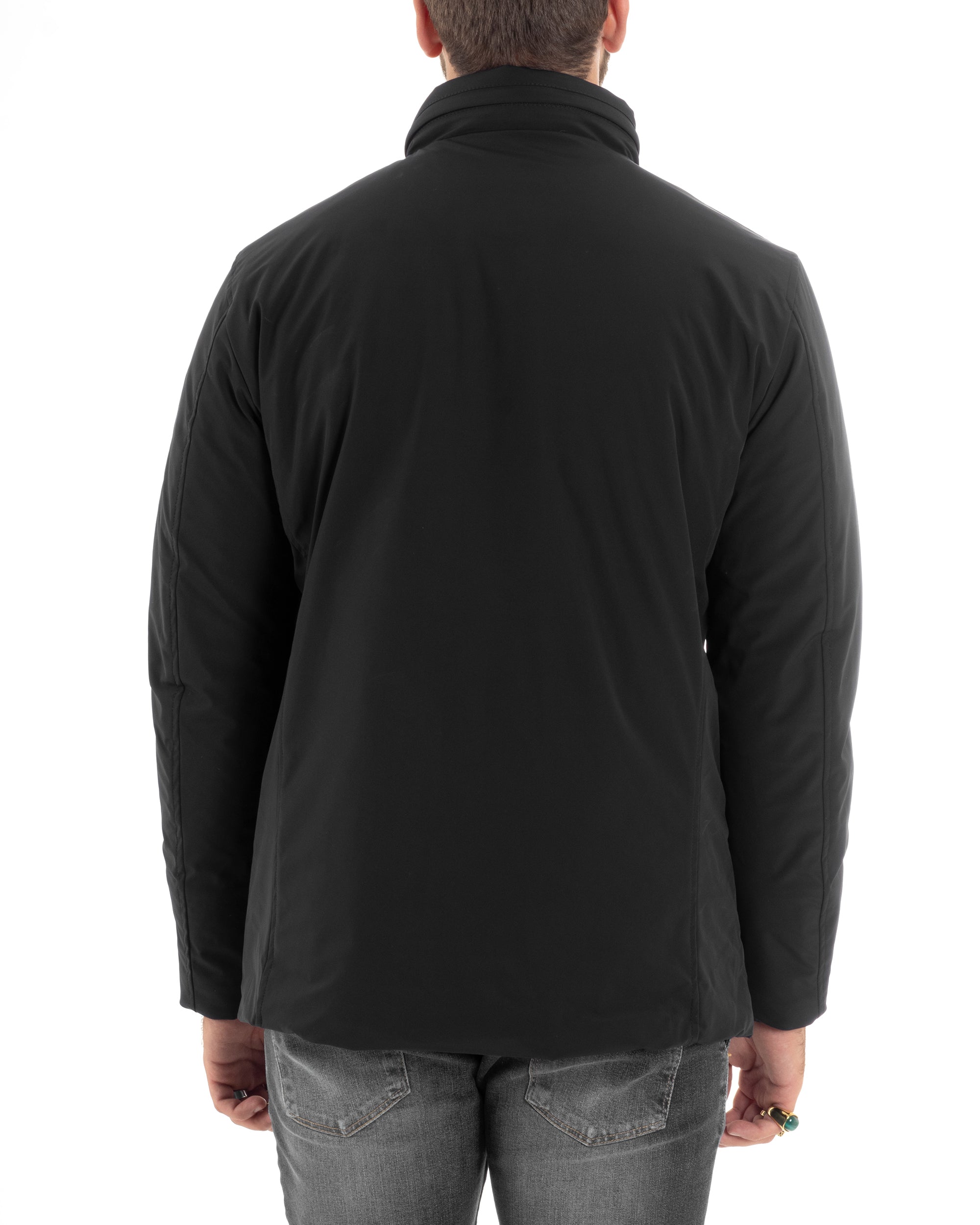 Giubbotto Uomo Tessuto Tecnico Sahariana Tasche E Zip Giacca Imbottita Impermeabile Nero GIOSAL-G3252A