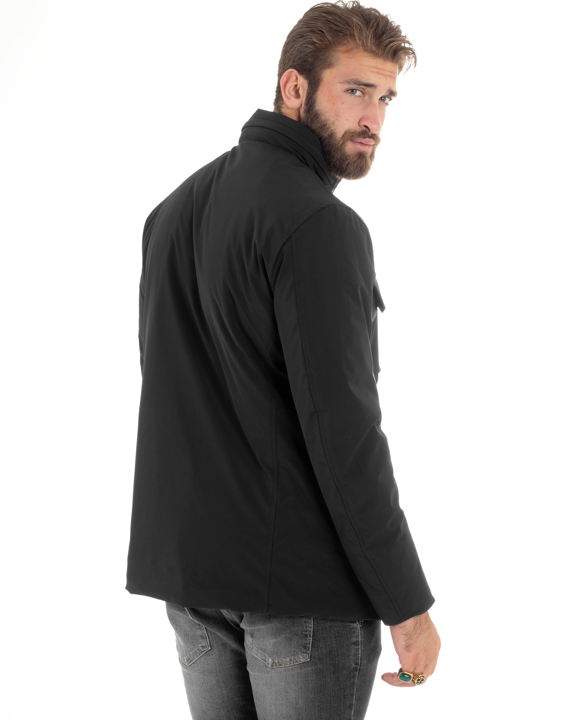 Giubbotto Uomo Tessuto Tecnico Sahariana Tasche E Zip Giacca Imbottita Impermeabile Nero GIOSAL-G3252A