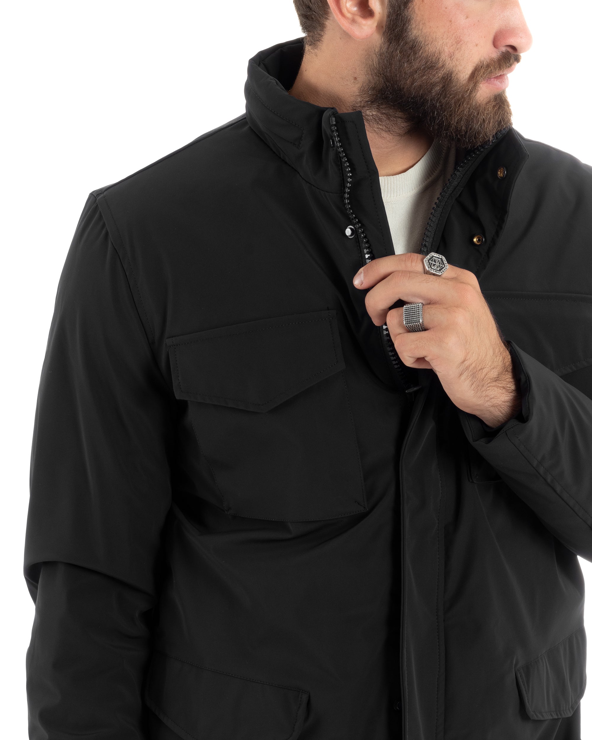 Giubbotto Uomo Tessuto Tecnico Sahariana Tasche E Zip Giacca Imbottita Impermeabile Nero GIOSAL-G3252A