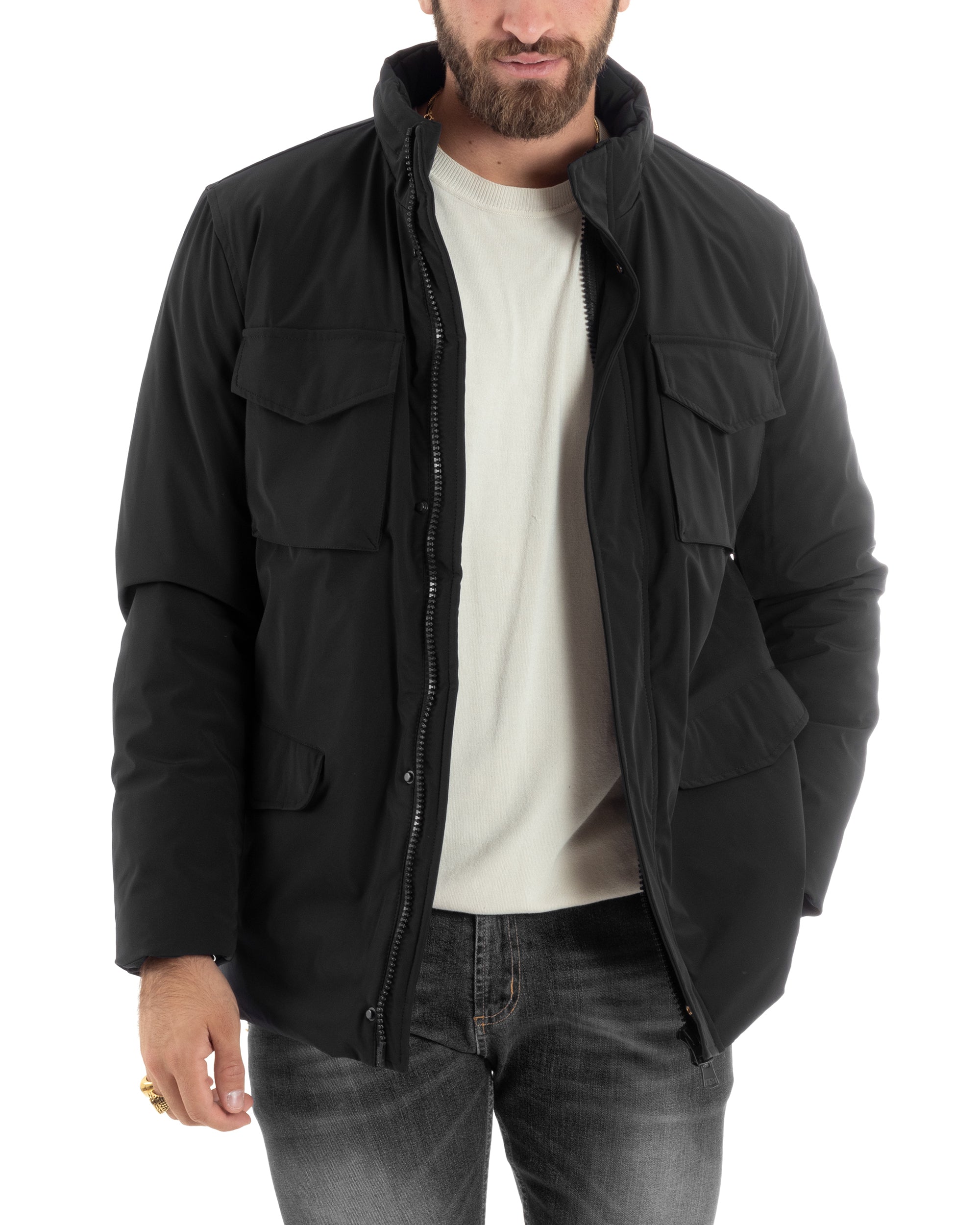 Giubbotto Uomo Tessuto Tecnico Sahariana Tasche E Zip Giacca Imbottita Impermeabile Nero GIOSAL-G3252A