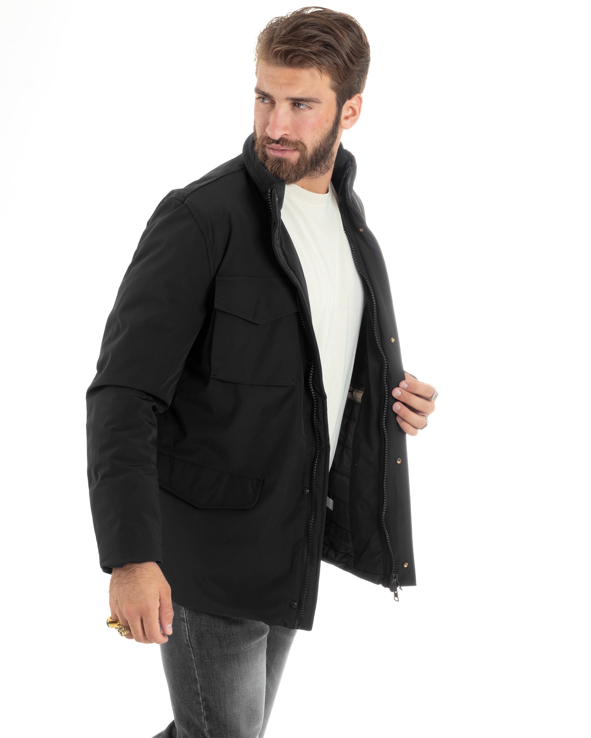 Giubbotto Uomo Tessuto Tecnico Sahariana Tasche E Zip Giacca Imbottita Impermeabile Nero GIOSAL-G3252A