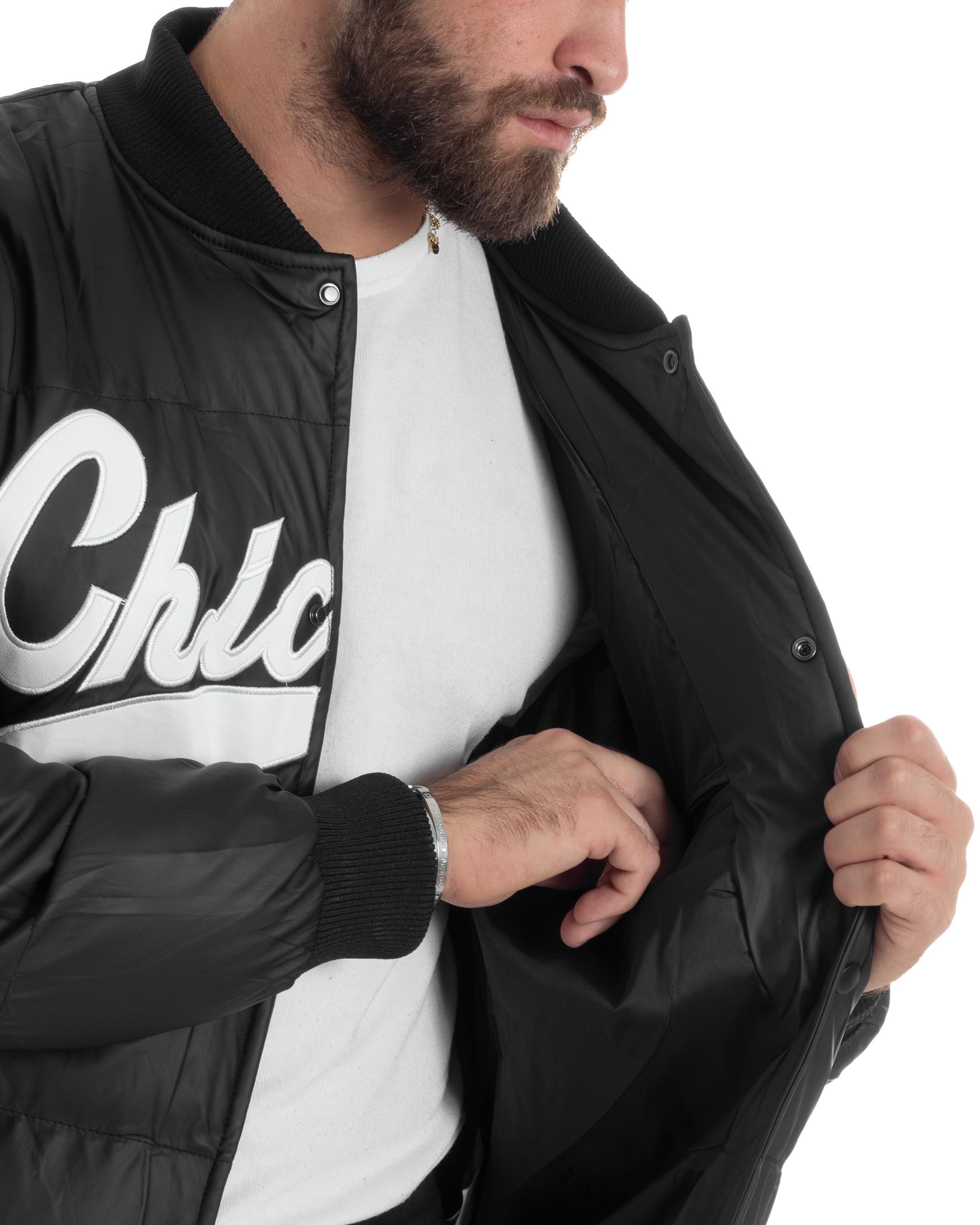 Giubbotto Uomo Varsity Imbottito Bomber College Caldo Giacca Con Patch Relaxed Fit Tessuto Tecnico Tinta Unita Nero GIOSAL-G3253A