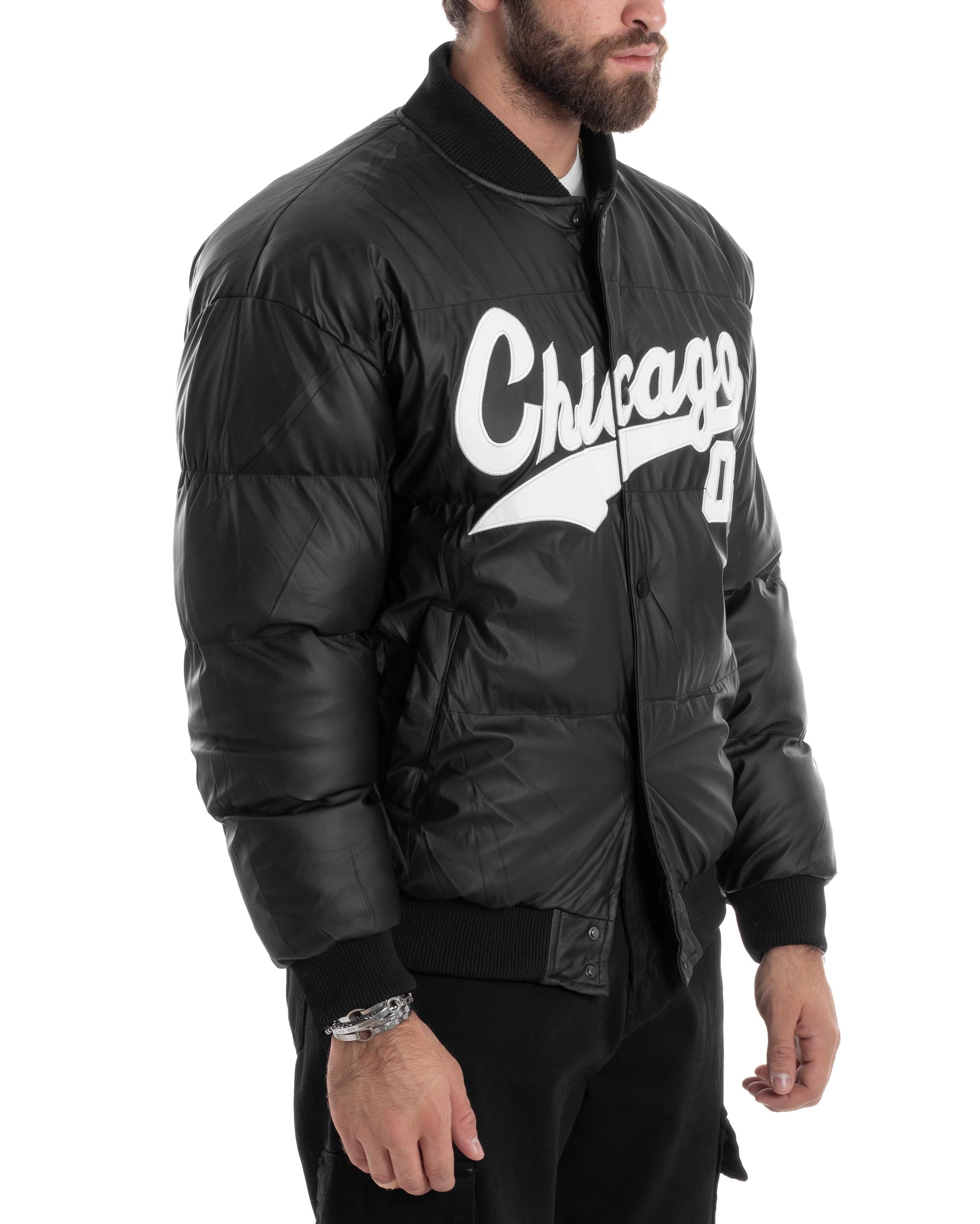 Giubbotto Uomo Varsity Imbottito Bomber College Caldo Giacca Con Patch Relaxed Fit Tessuto Tecnico Tinta Unita Nero GIOSAL-G3253A