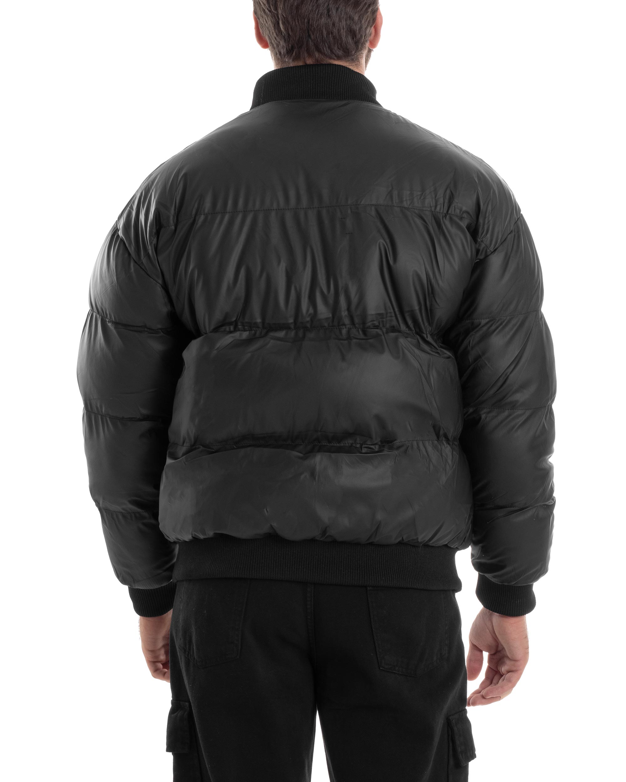 Giubbotto Uomo Varsity Imbottito Bomber College Caldo Giacca Con Patch Relaxed Fit Tessuto Tecnico Tinta Unita Nero GIOSAL-G3253A