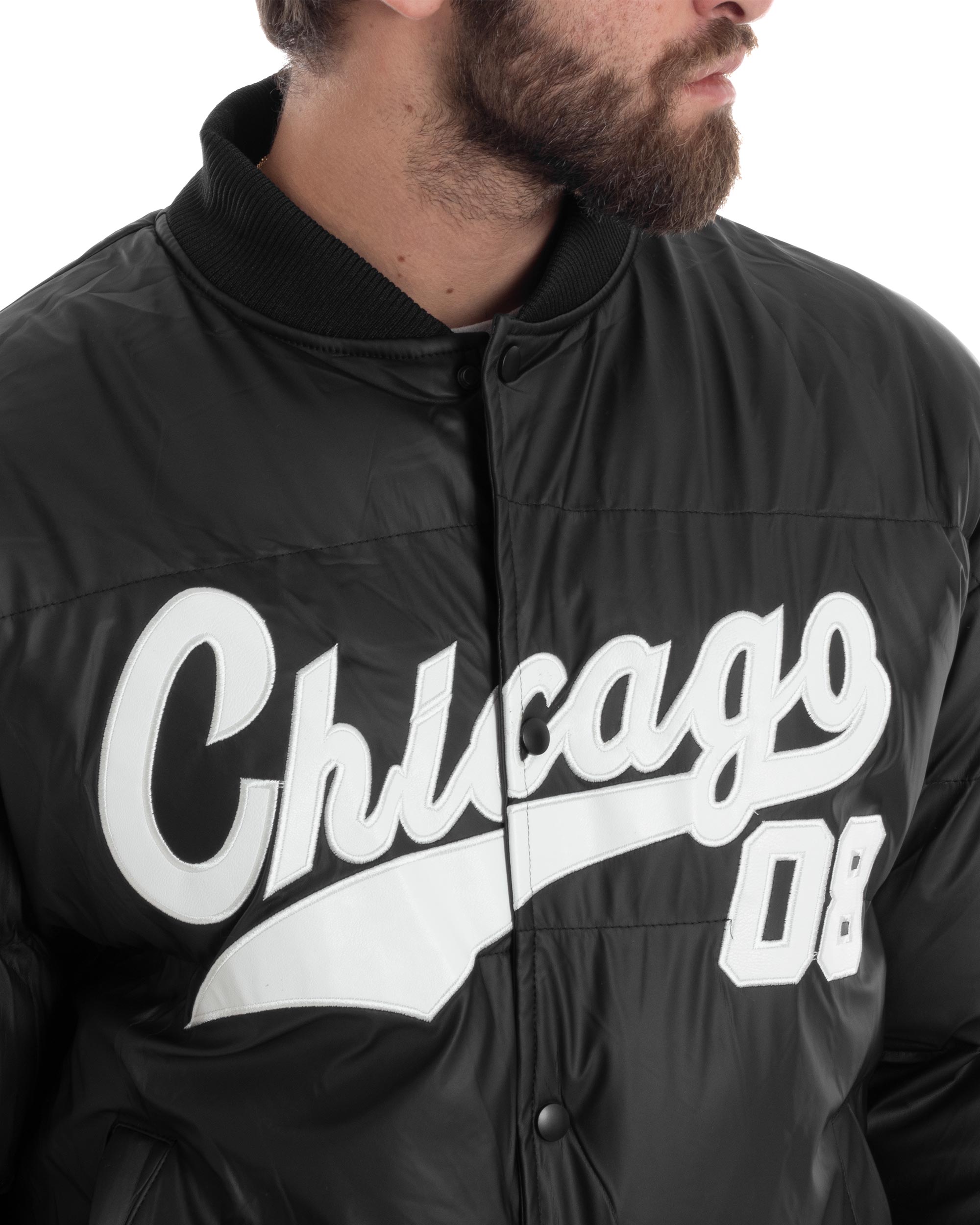 Giubbotto Uomo Varsity Imbottito Bomber College Caldo Giacca Con Patch Relaxed Fit Tessuto Tecnico Tinta Unita Nero GIOSAL-G3253A