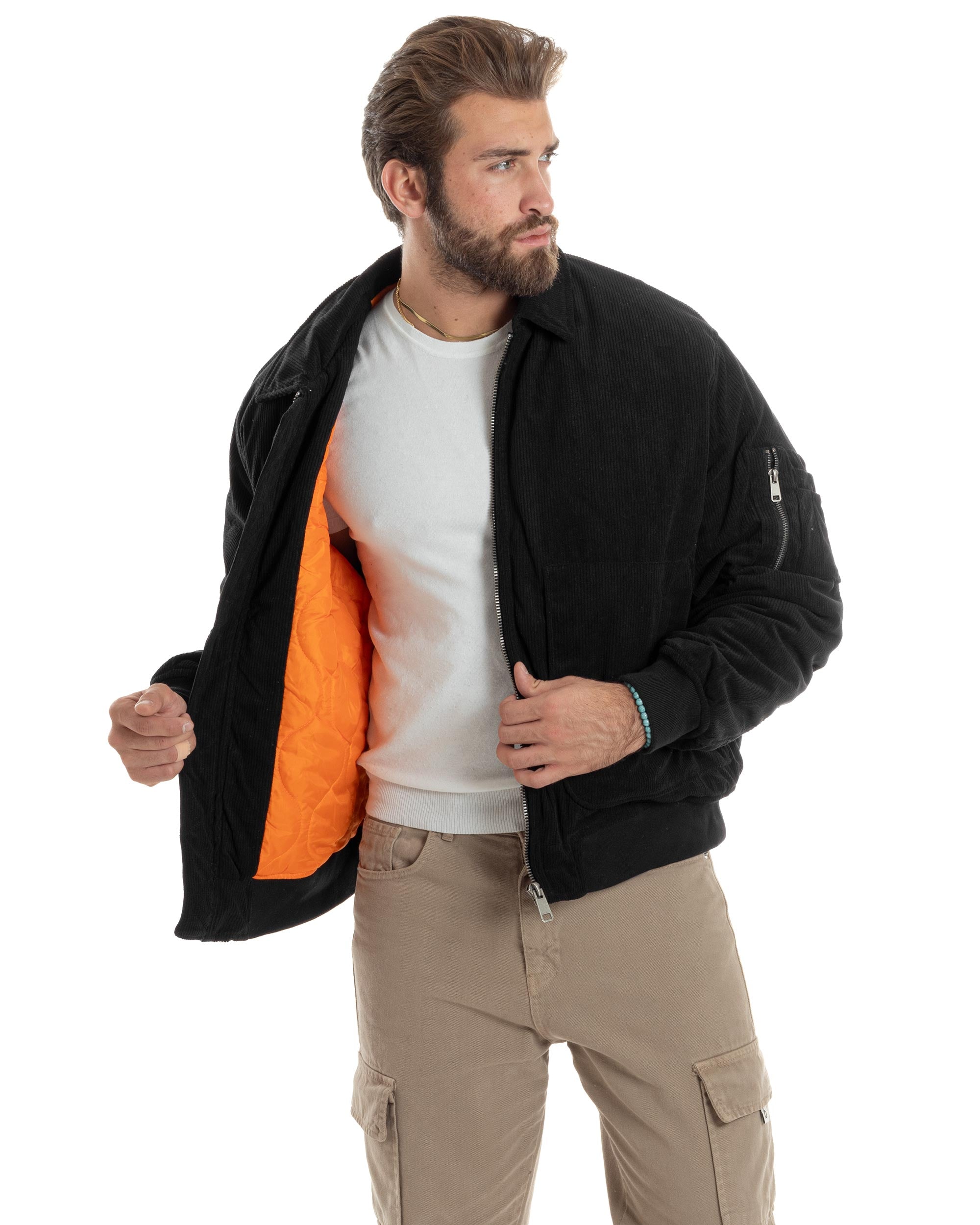 Giubbotto Uomo Velluto Rigato Giaccone Caldo Imbottito Bomber Con Collo Camicia E Tasconi Nero GIOSAL-G3254A